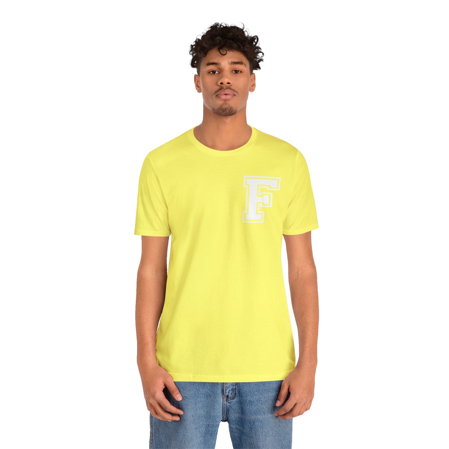 Front and Back Design - Varsity F Vertical Freeburg Midgets Logo Bella Jersey Short Sleeve Tee (Unisex)