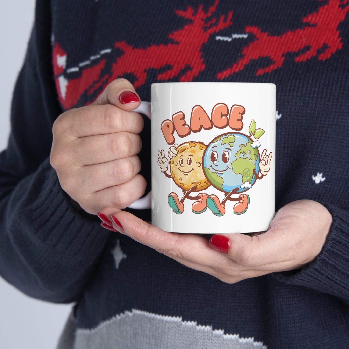 Earth and Moon Characters Spreading World Peace Ceramic Mug 11oz
