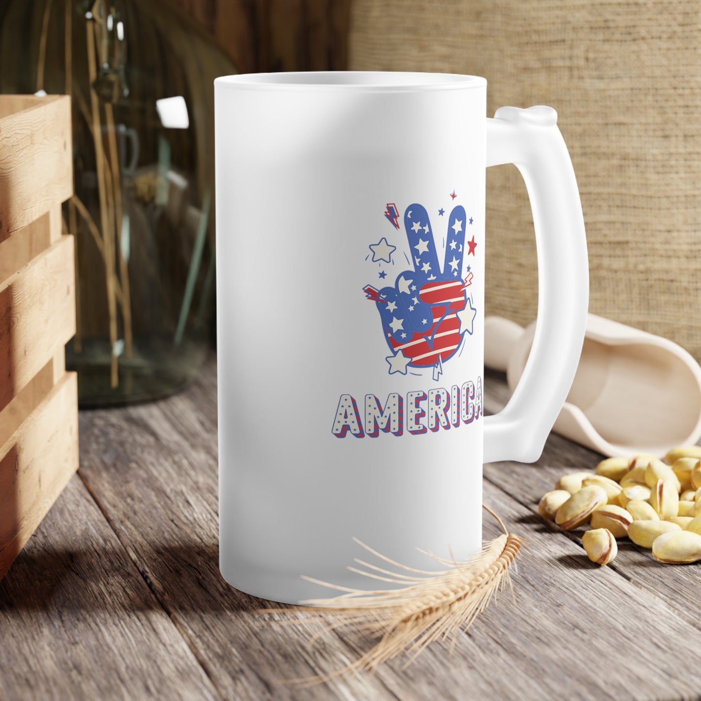 America with a Peach Hand United States / USA/ 4th of July Frosted Glass Beer Mug