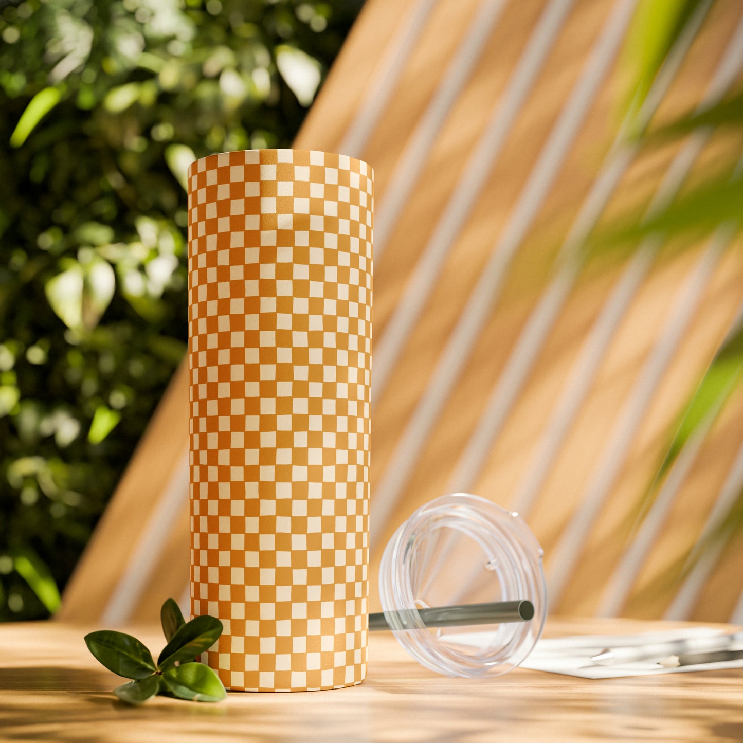 Boho Golden Checkerboard Print Skinny Tumbler with Straw, 20oz