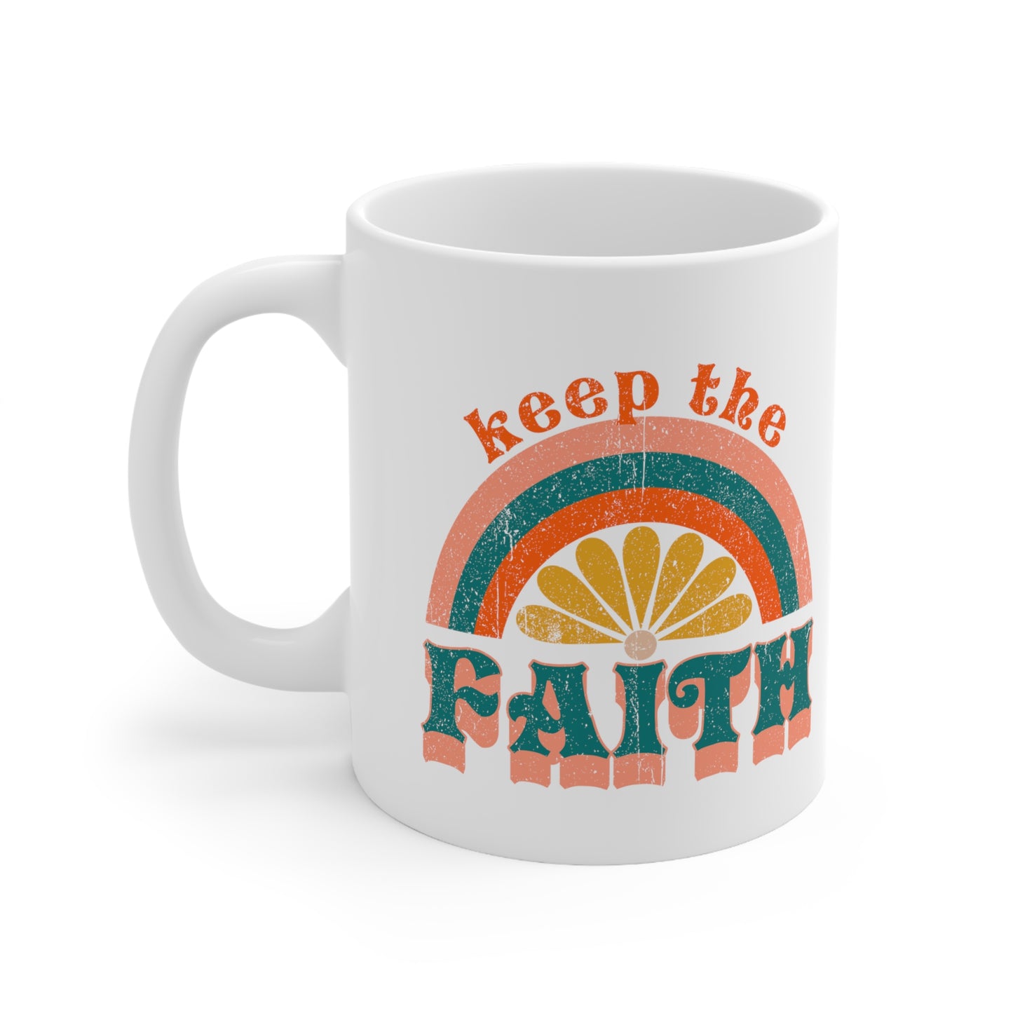 Keep the Faith Boho Retro Rainbow Sun Christian Ceramic Mug 11oz