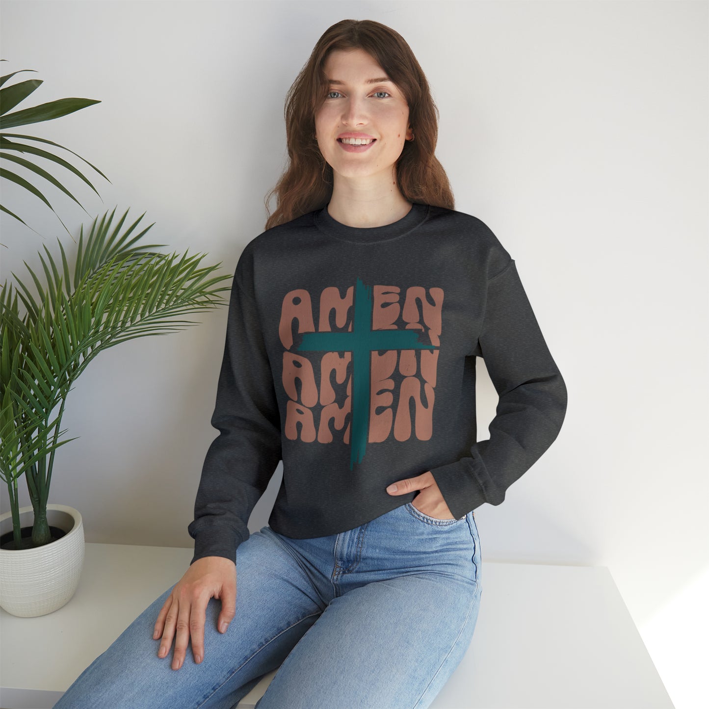 Vintage Amen Amen Amen with Cross Design Boho Color Print Heavy Blend™ Crewneck Sweatshirt