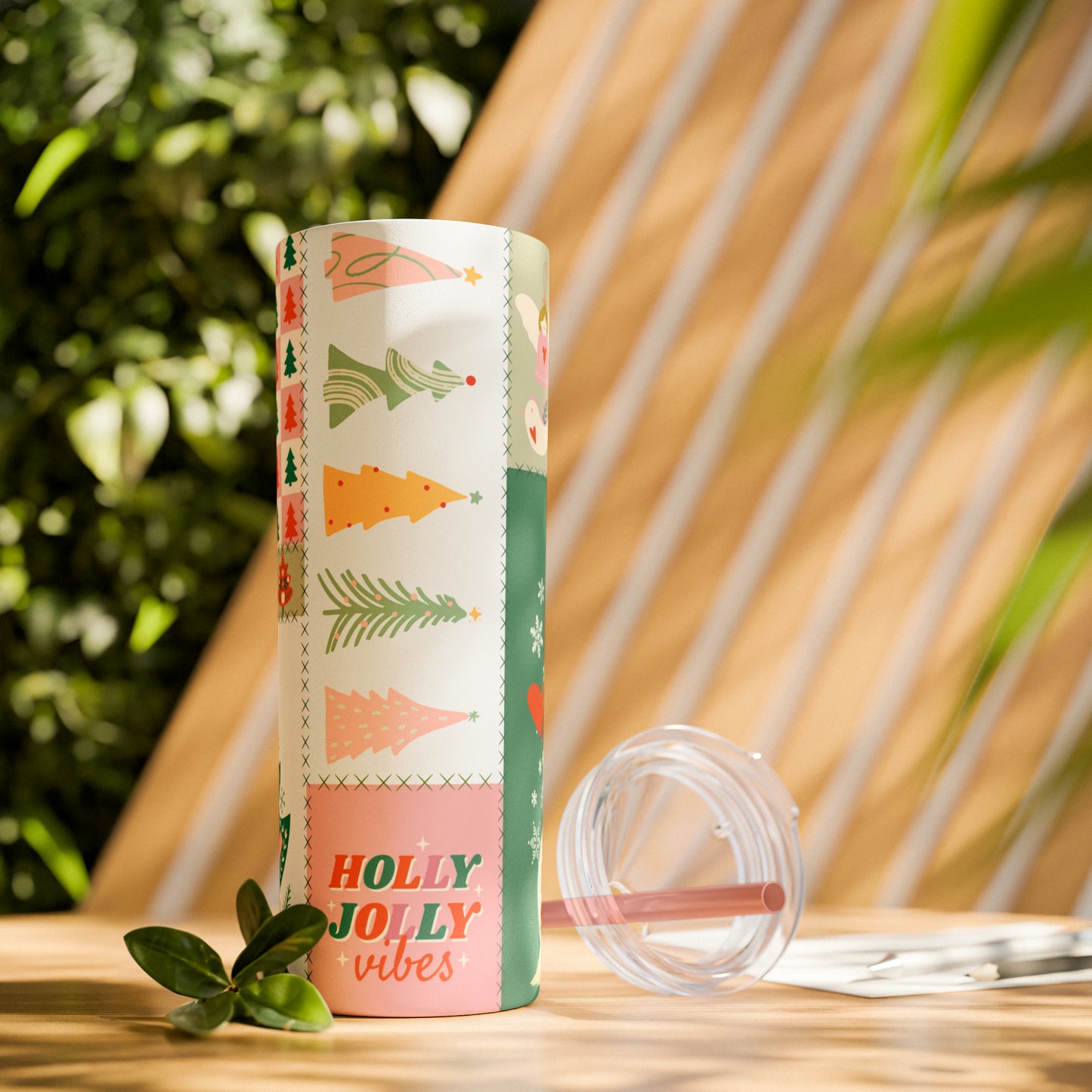 Boho Christmas Printed Holiday Skinny Tumbler with Straw, 20oz