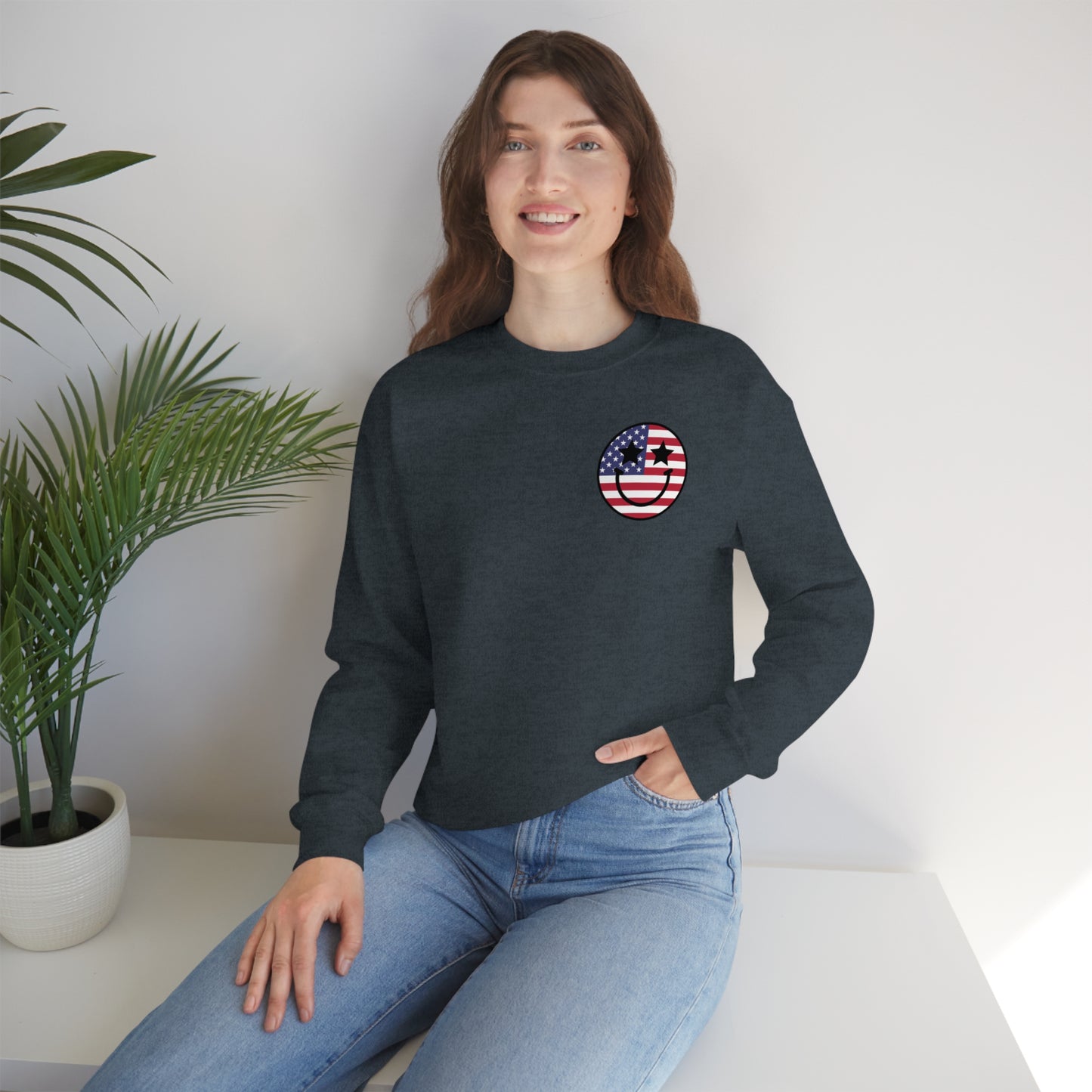 "Land of the Free Because of the Brave with Smiley Face Front" (Front & Back Design) - Unisex Heavy Blend™ Crewneck Sweatshirt