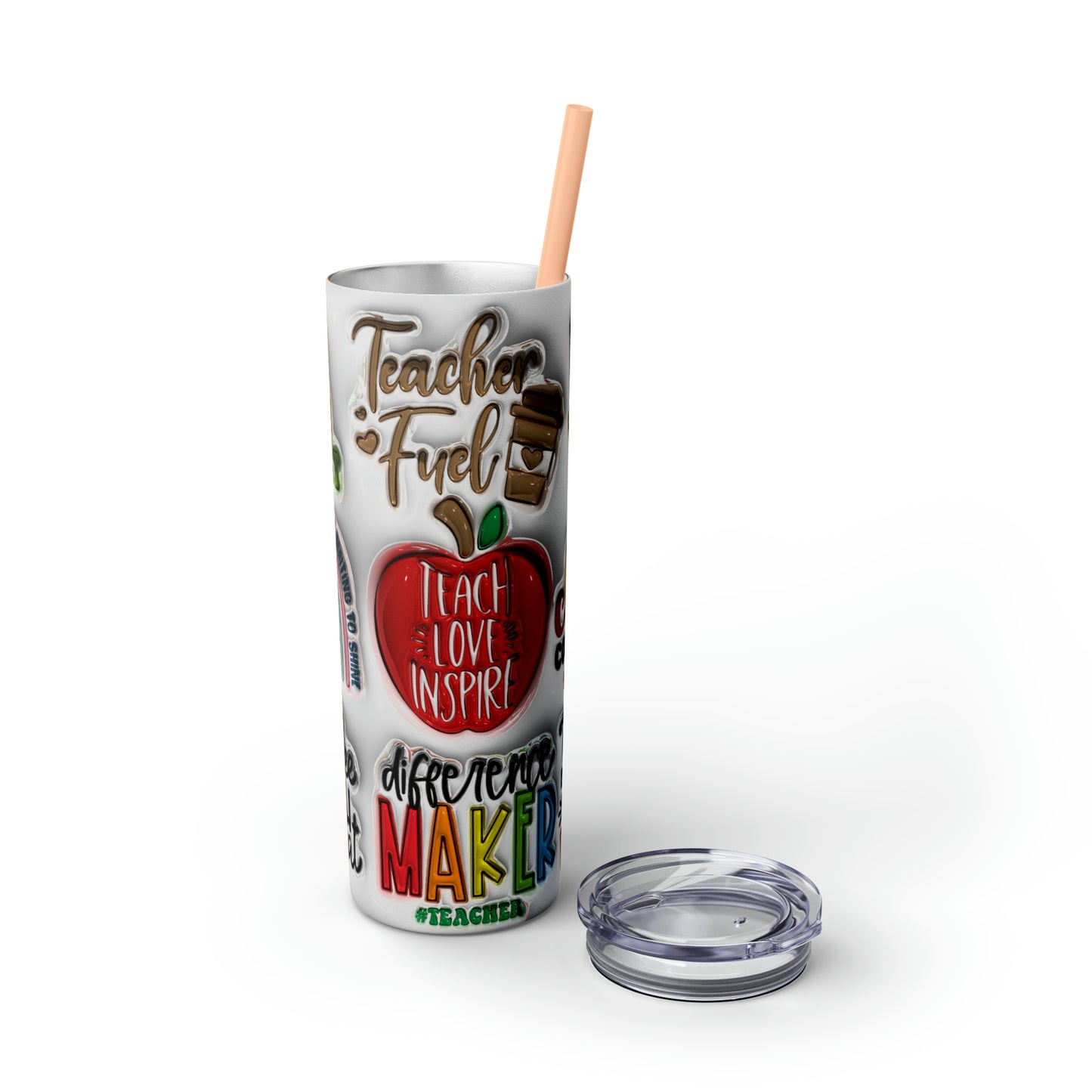 A+ Teacher Quotes Collage Skinny Tumbler with Straw, 20oz