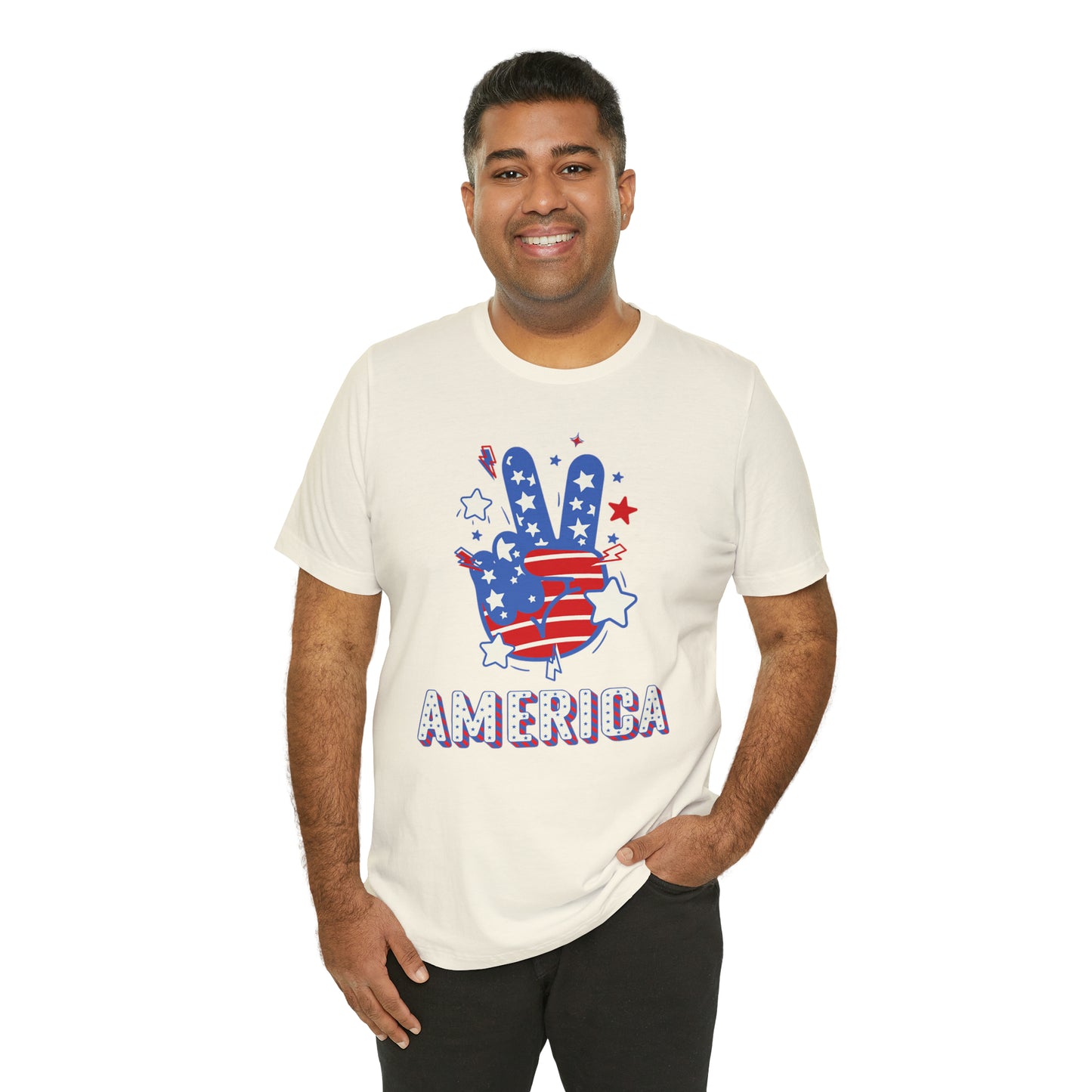 America USA Stars Peace Sign with Hands Unisex Jersey Short Sleeve Tee