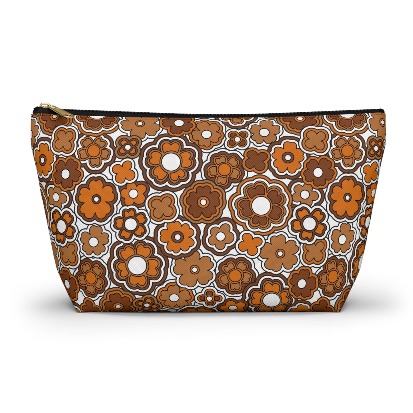 Flower Power Retro Brown Print Accessory Pouch w T-bottom