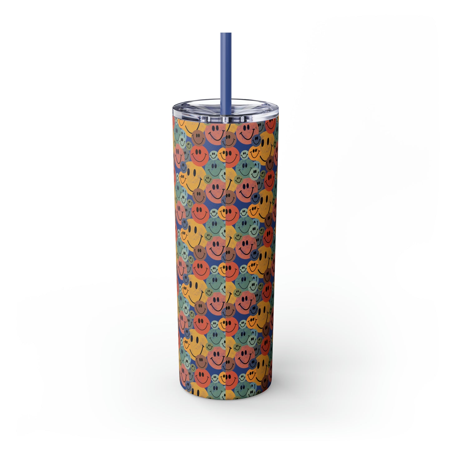 Old School Smiley Face Stickers Patterned Skinny Tumbler with Straw, 20oz