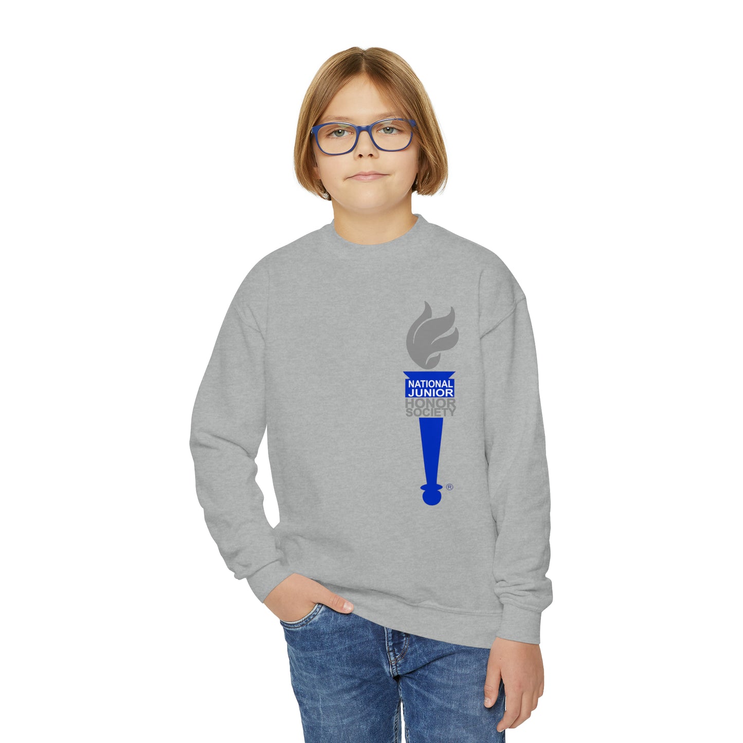YOUTH - Front and Back Design - National Junior Honor Society Royal Torch (front) and Circular Character Torch (back) Youth Crewneck Sweatshirt