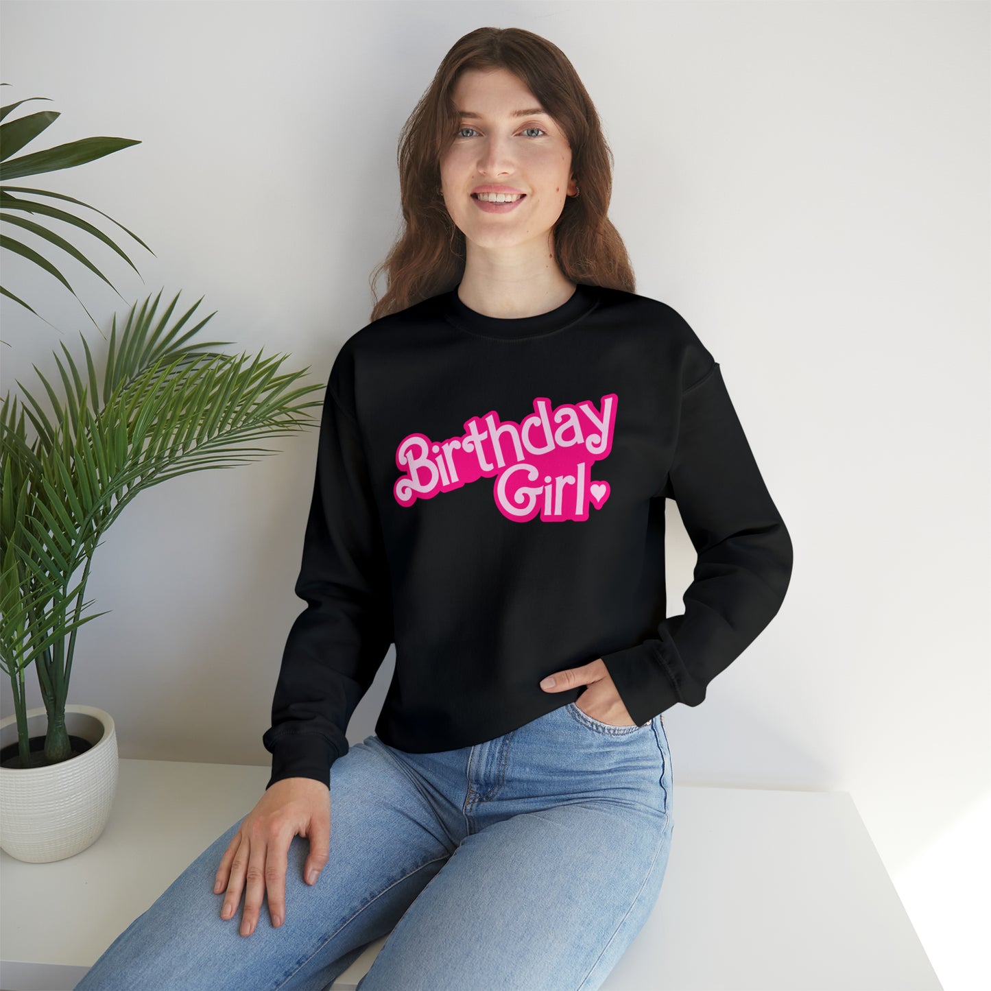 Birthday Girl with Hot Pink Barbie Font Heavy Blend™ Crewneck Sweatshirt
