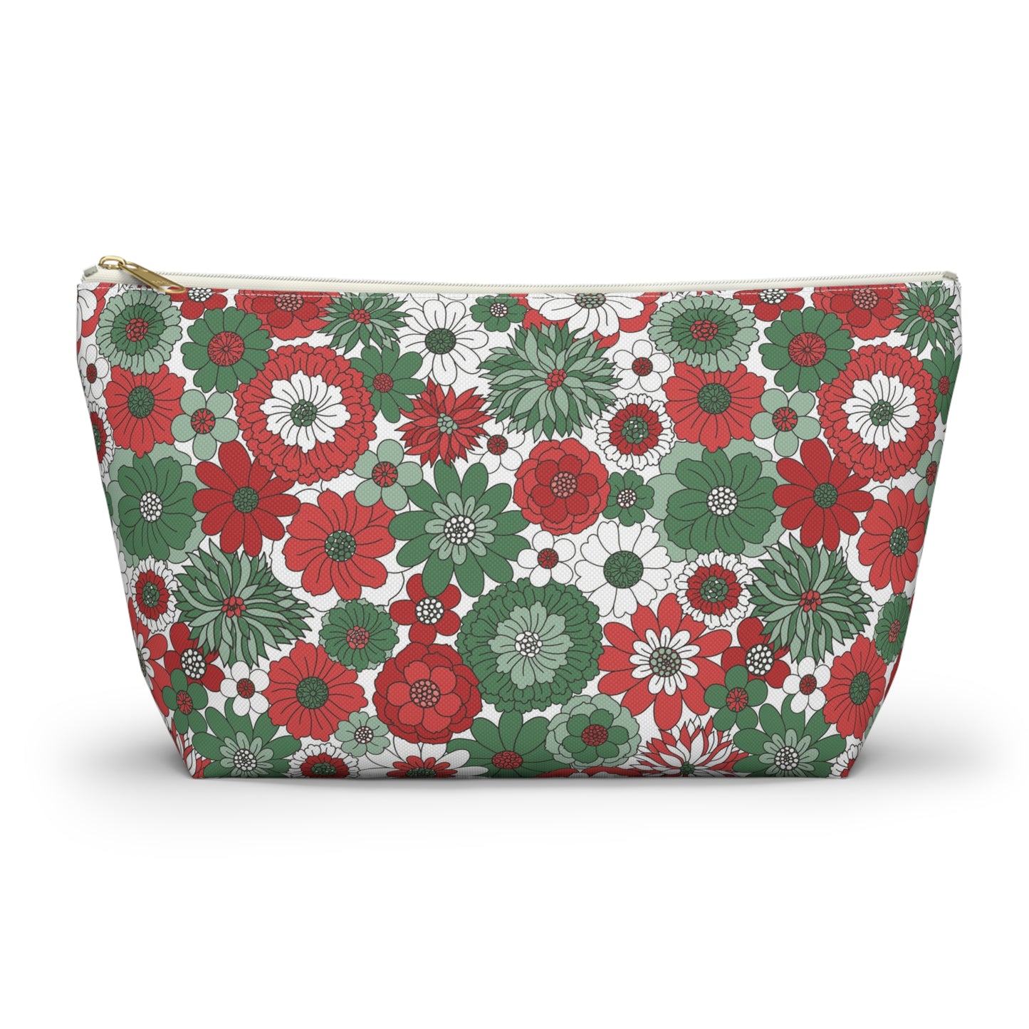 Retro Floral Christmas Red and Green Print Design Accessory Pouch w T-bottom