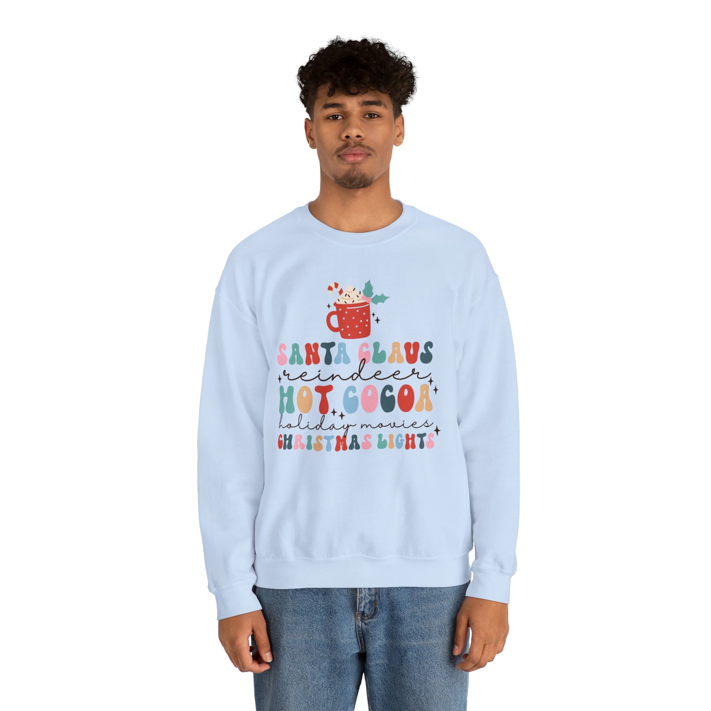 Santa Claus Reindeer Hot Cocoa Christmas Lights Heavyweight Crewneck Sweatshirt