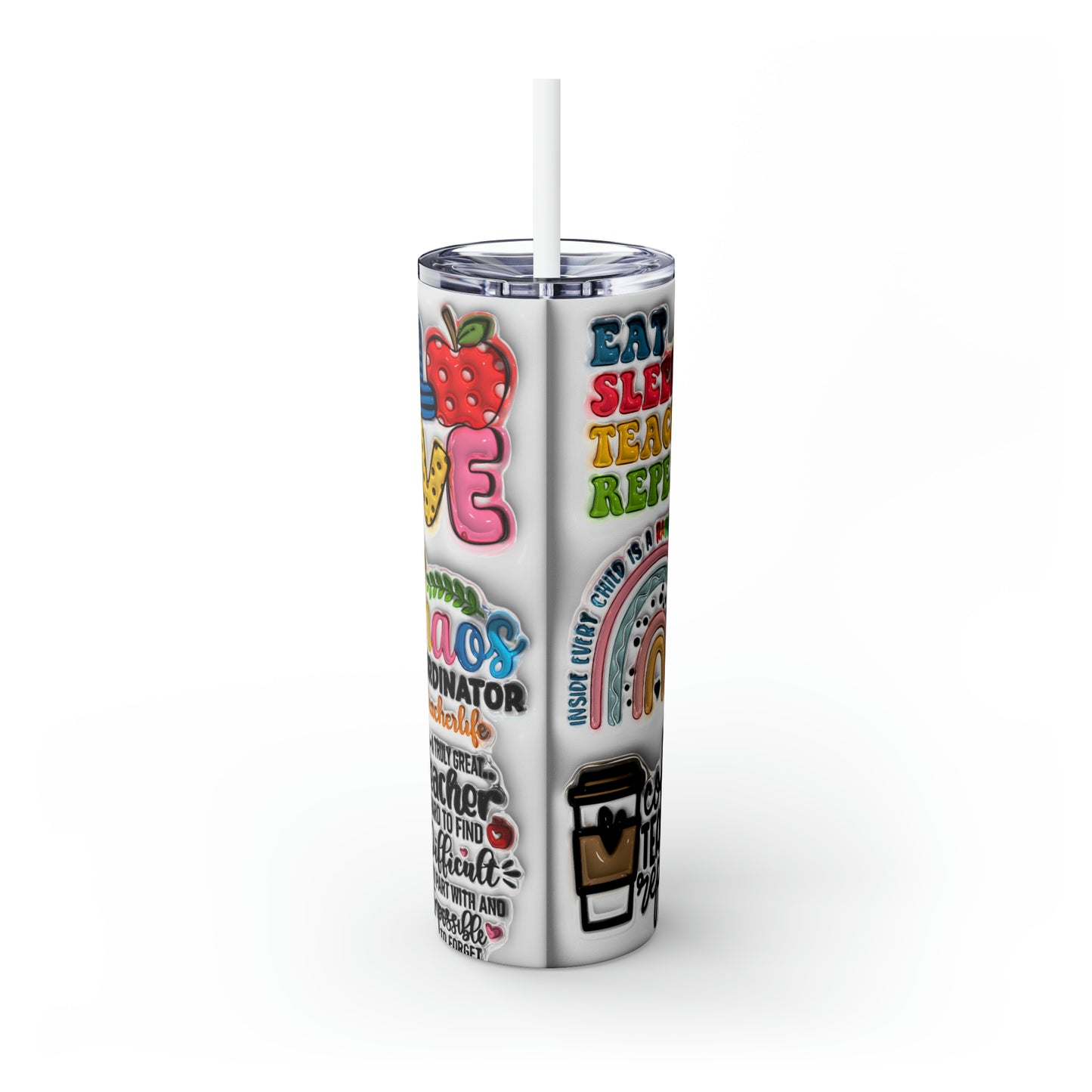 A+ Teacher Quotes Collage Skinny Tumbler with Straw, 20oz