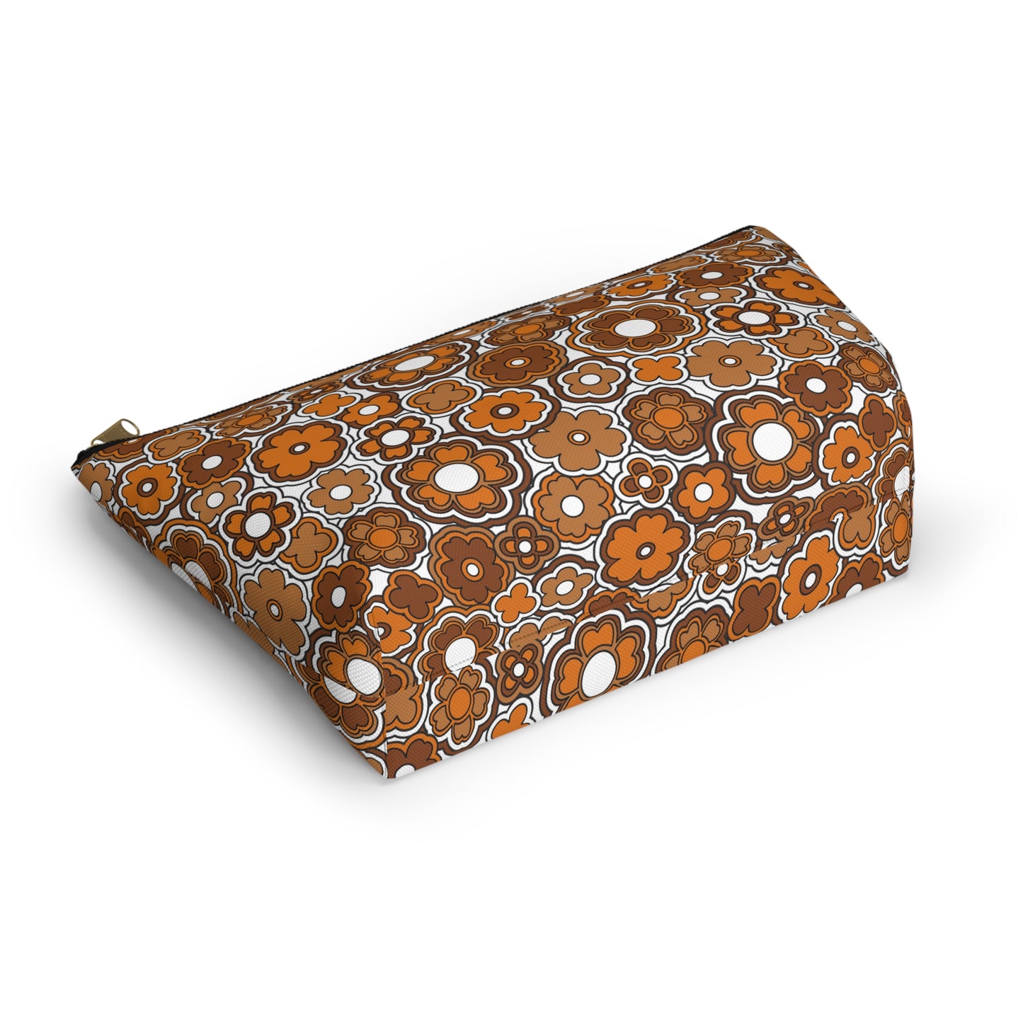 Flower Power Retro Brown Print Accessory Pouch w T-bottom
