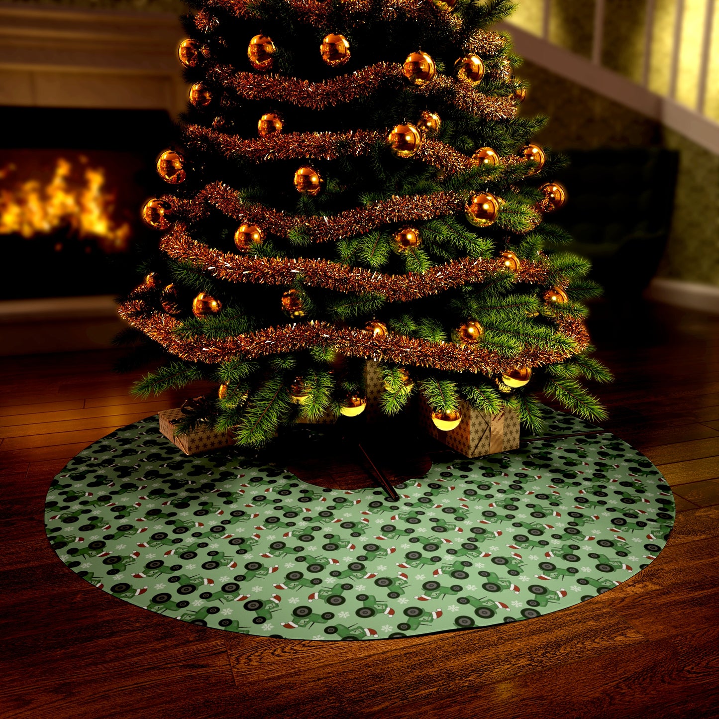 Christmas Green Santa Tractor Round Tree Skirt