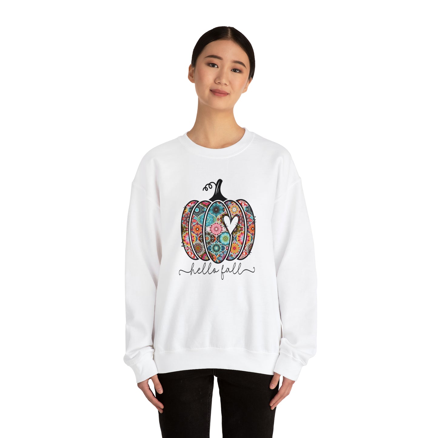 Hello Fall Print Pumpkin Fall Halloween Retro Warm Colored Unisex Heavy Blend™ Crewneck Sweatshirt