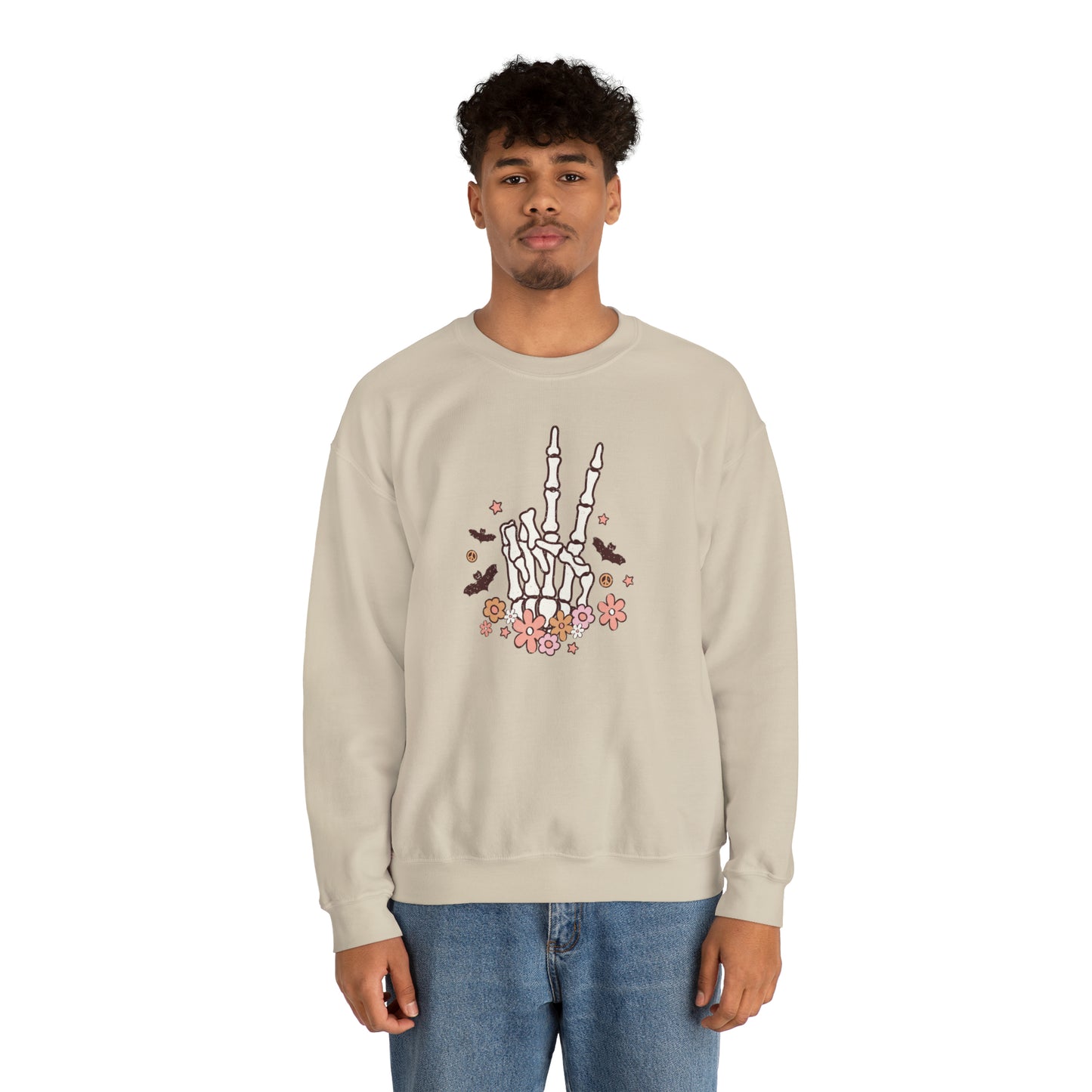 Boho Skeleton Floral Piece Sign Hand Fall Halloween Retro Warm Colored Unisex Heavy Blend™ Crewneck Sweatshirt