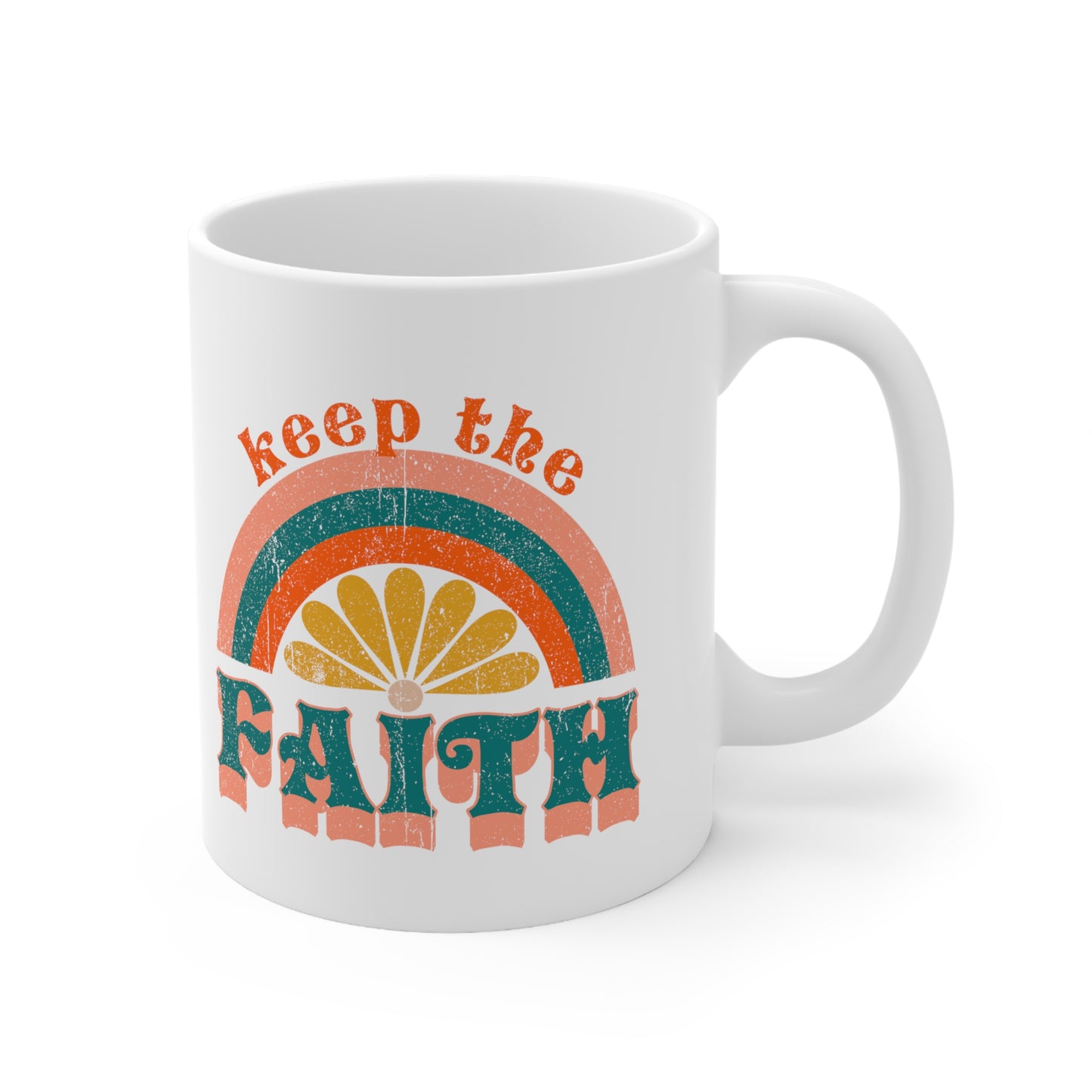 Keep the Faith Boho Retro Rainbow Sun Christian Ceramic Mug 11oz