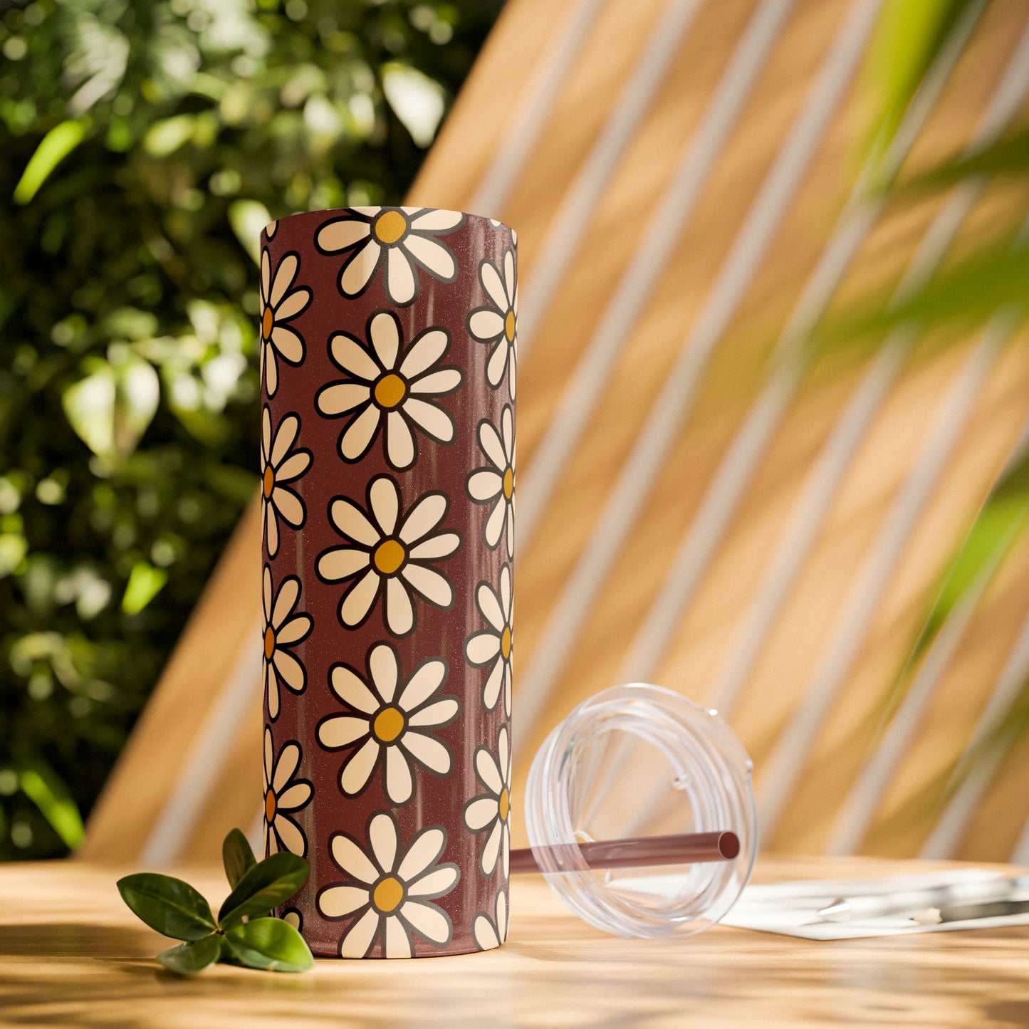 Peach Daisy Print Skinny Tumbler with Straw, 20oz