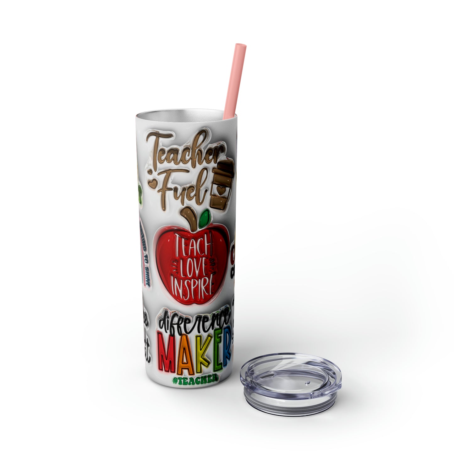 A+ Teacher Quotes Collage Skinny Tumbler with Straw, 20oz