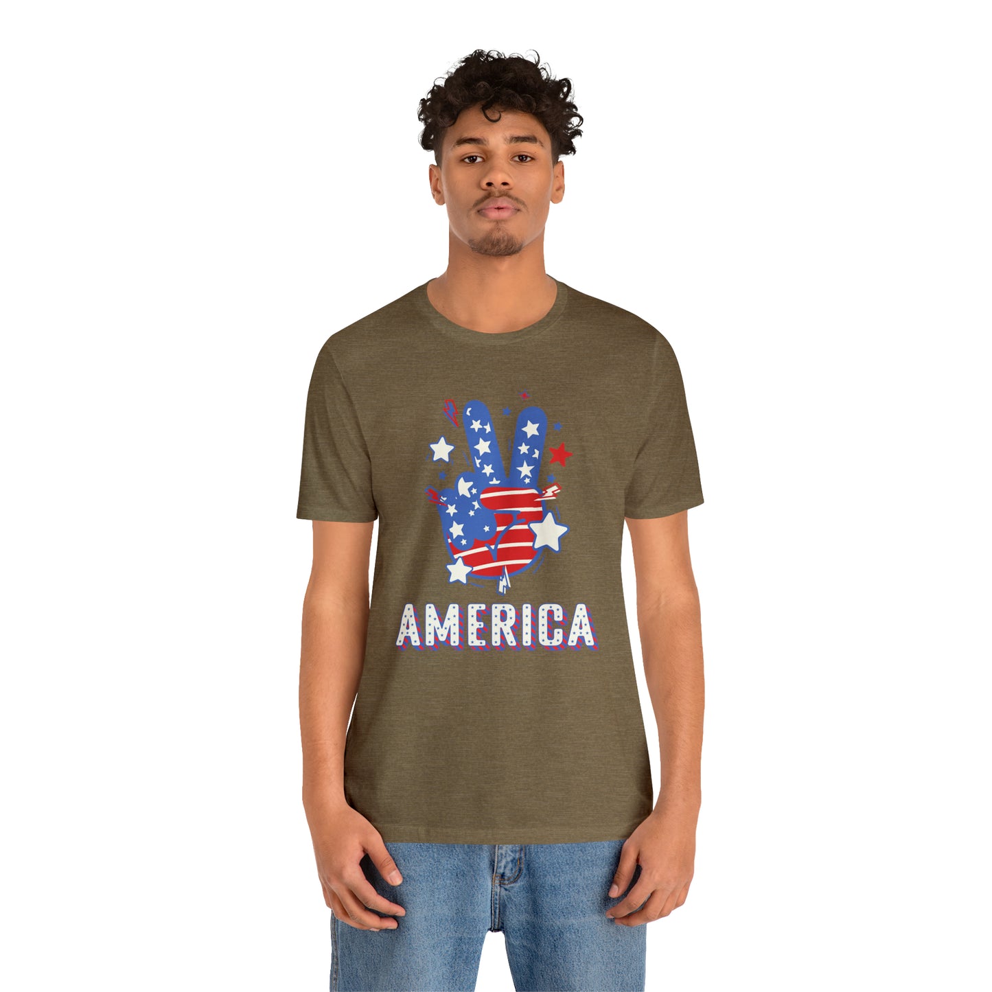 America USA Stars Peace Sign with Hands Unisex Jersey Short Sleeve Tee