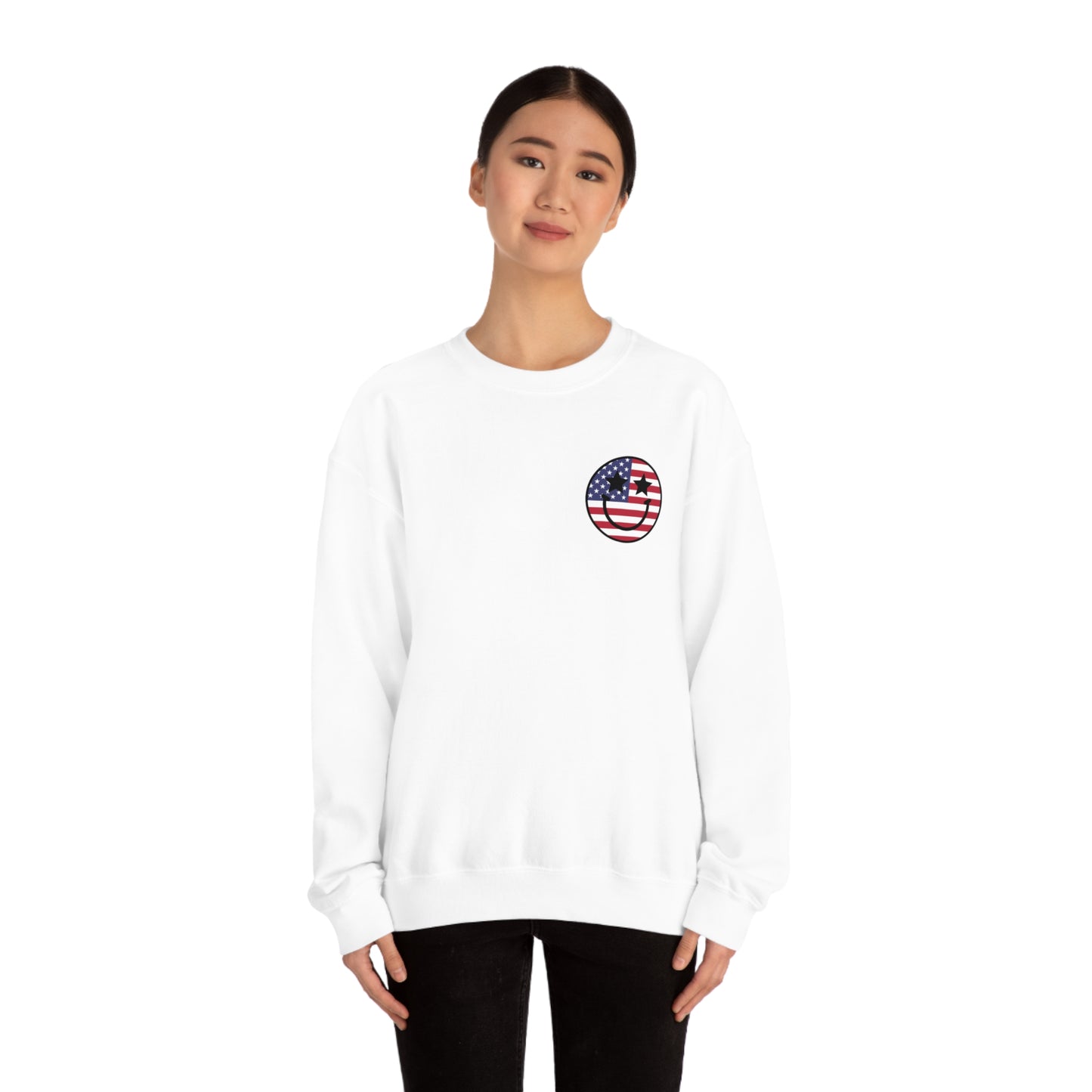 "Land of the Free Because of the Brave with Smiley Face Front" (Front & Back Design) - Unisex Heavy Blend™ Crewneck Sweatshirt
