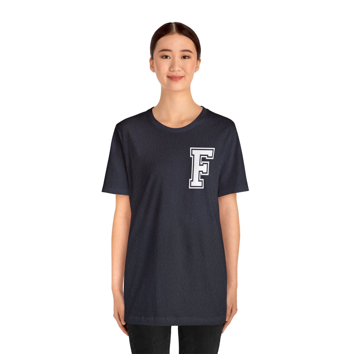 Front and Back Design - Varsity F Vertical Freeburg Midgets Logo Bella Jersey Short Sleeve Tee (Unisex)