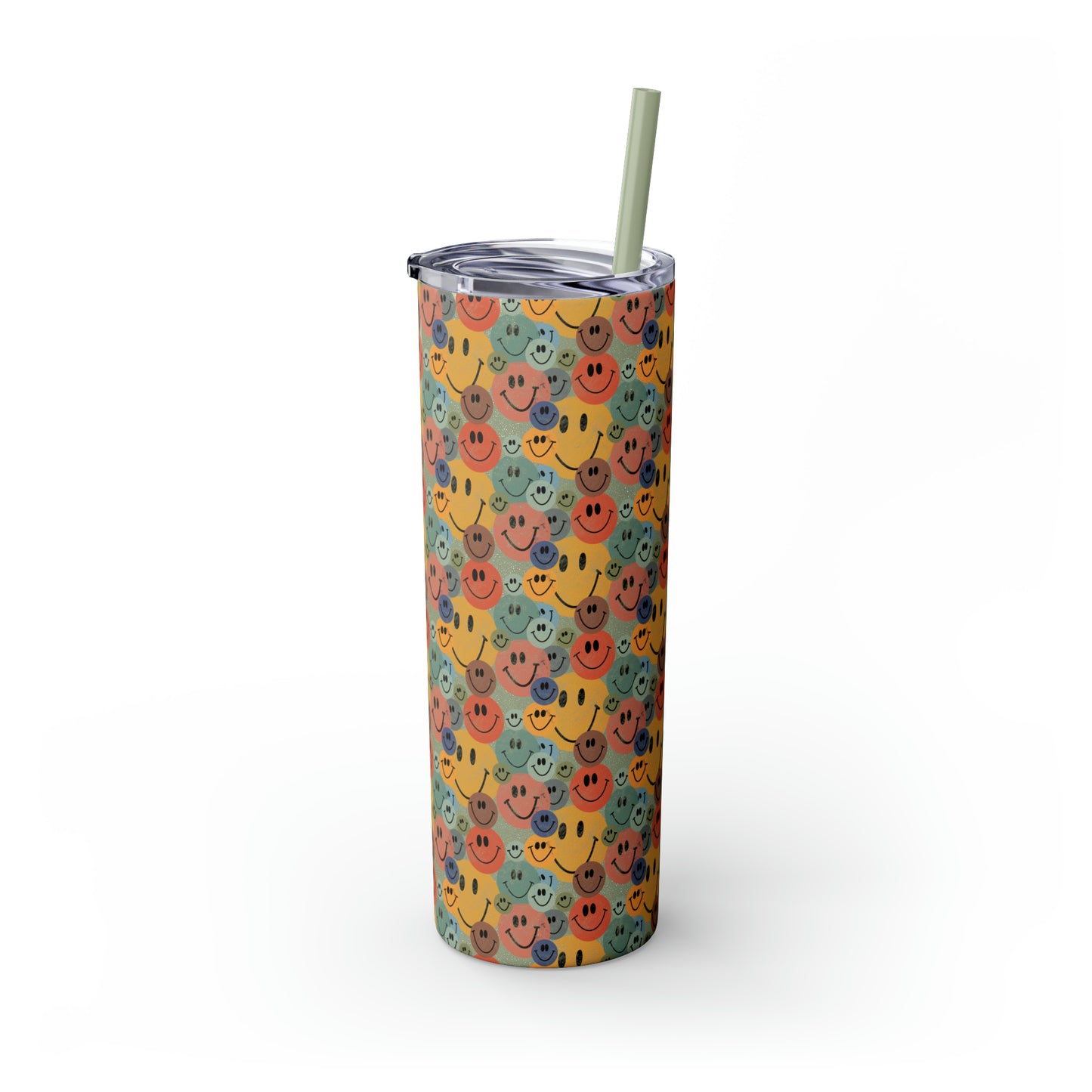 Old School Smiley Face Stickers Patterned Skinny Tumbler with Straw, 20oz