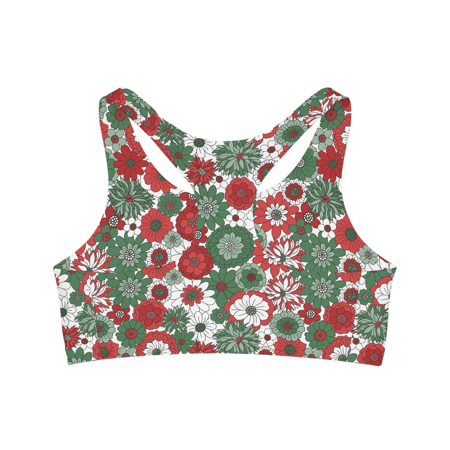 Retro Christmas Green Red White Floral Yoga Seamless Sports Bra - Light Turquoise