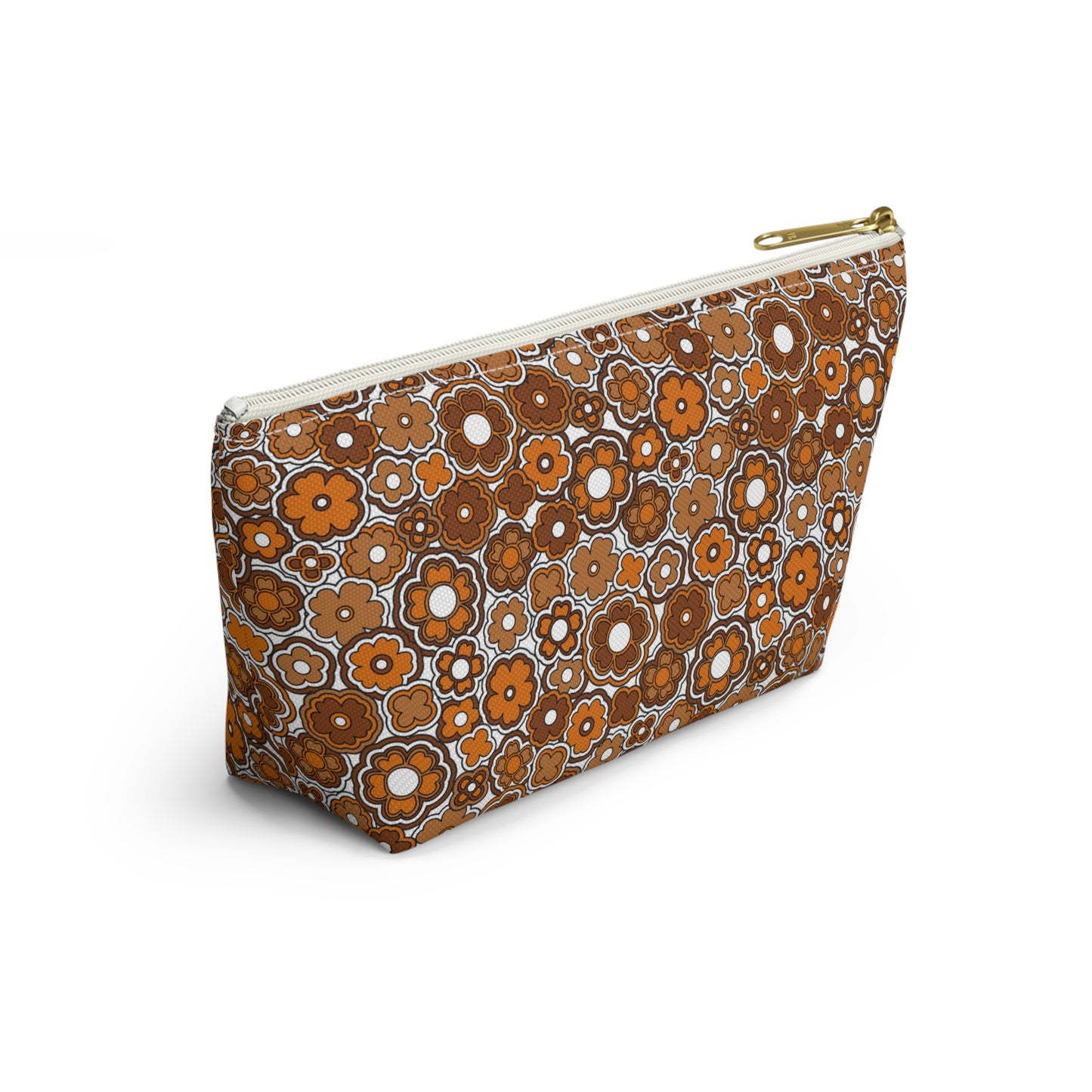 Flower Power Retro Brown Floral Print Design  Accessory Pouch w T-bottom