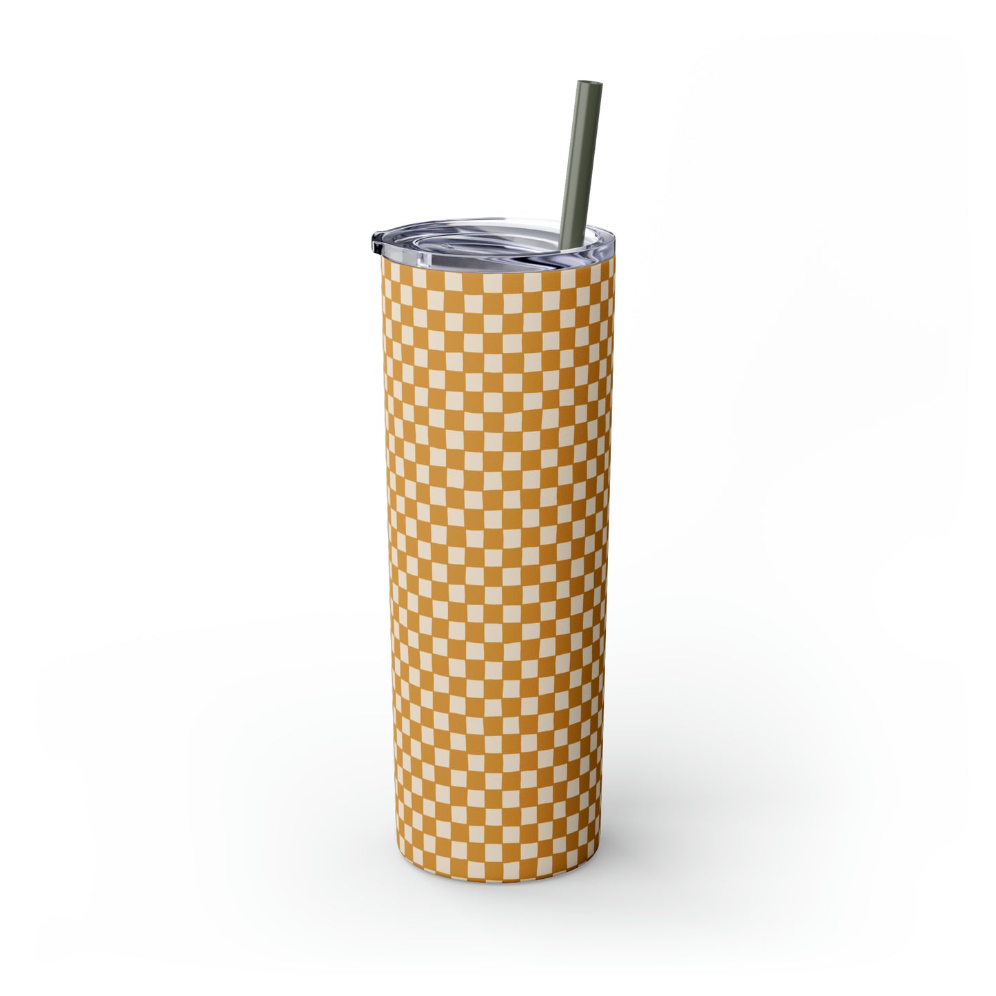 Boho Golden Checkerboard Print Skinny Tumbler with Straw, 20oz