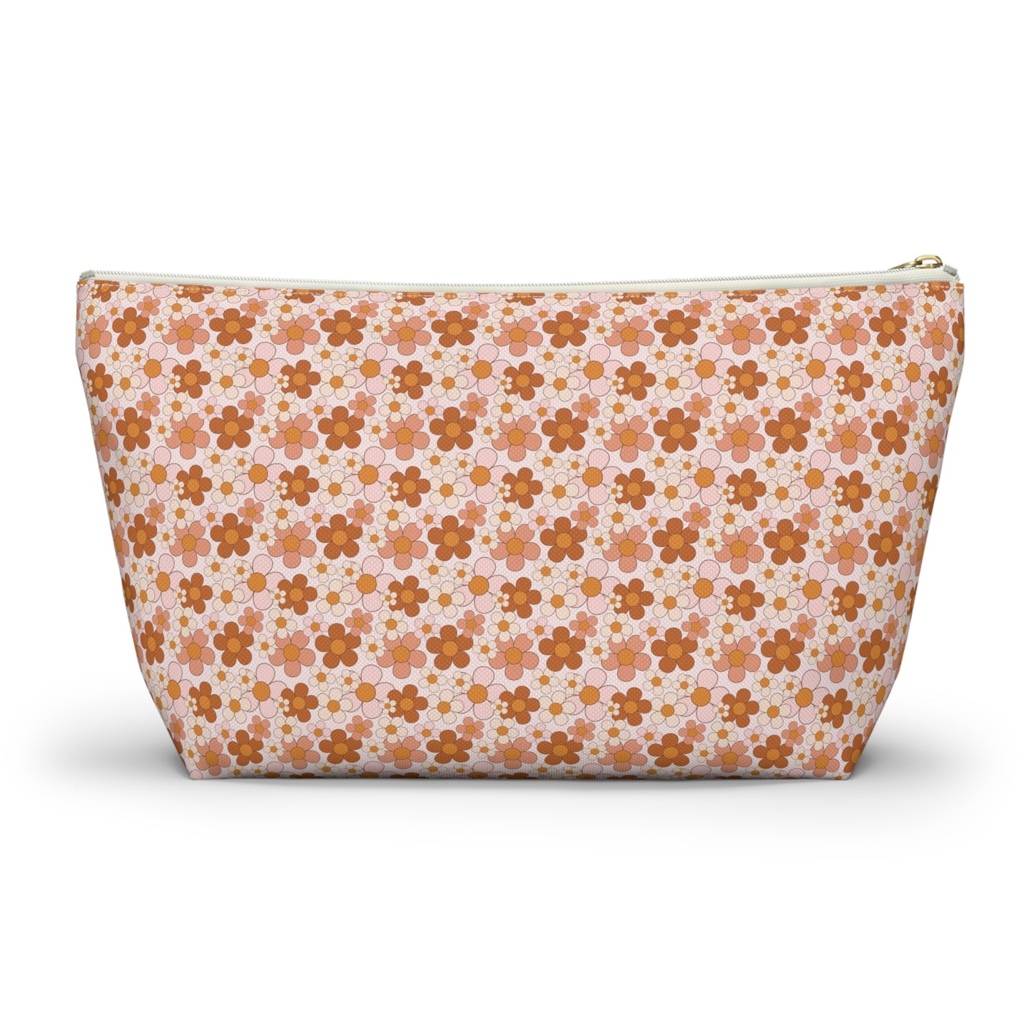 Retro Small Daisy Pink/Rust Floral Print Design Accessory Pouch w T-bottom
