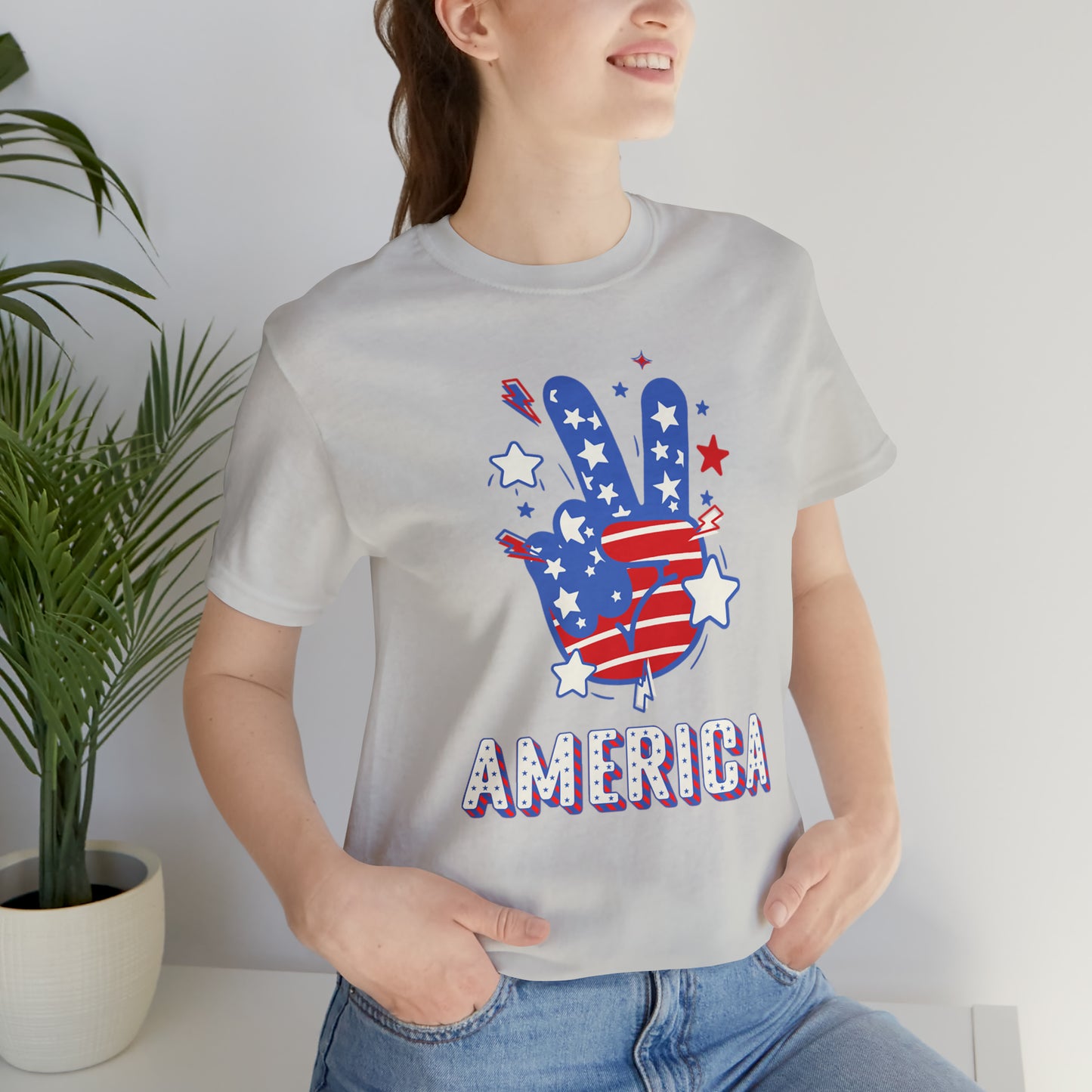 America USA Stars Peace Sign with Hands Unisex Jersey Short Sleeve Tee