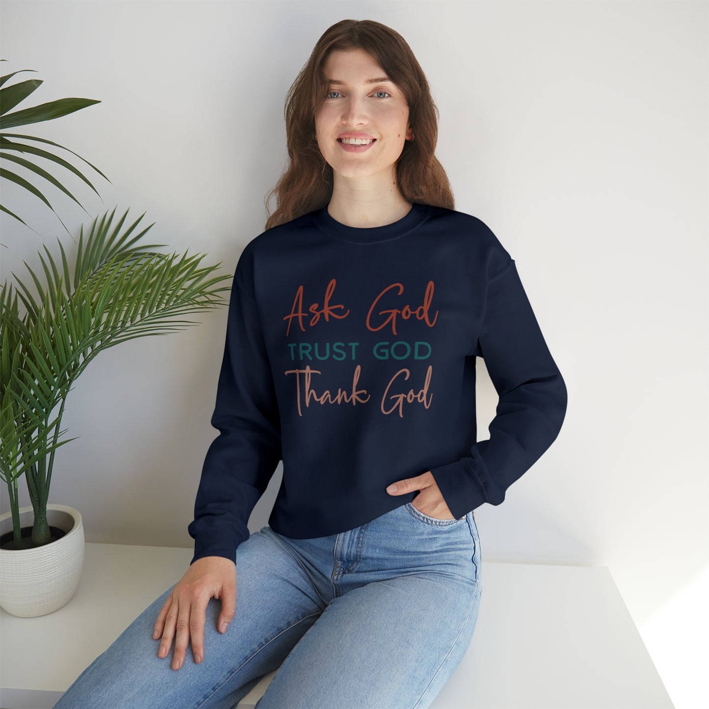 Ask God Trust God Thank God Boho Color Print Heavy Blend™ Crewneck Sweatshirt