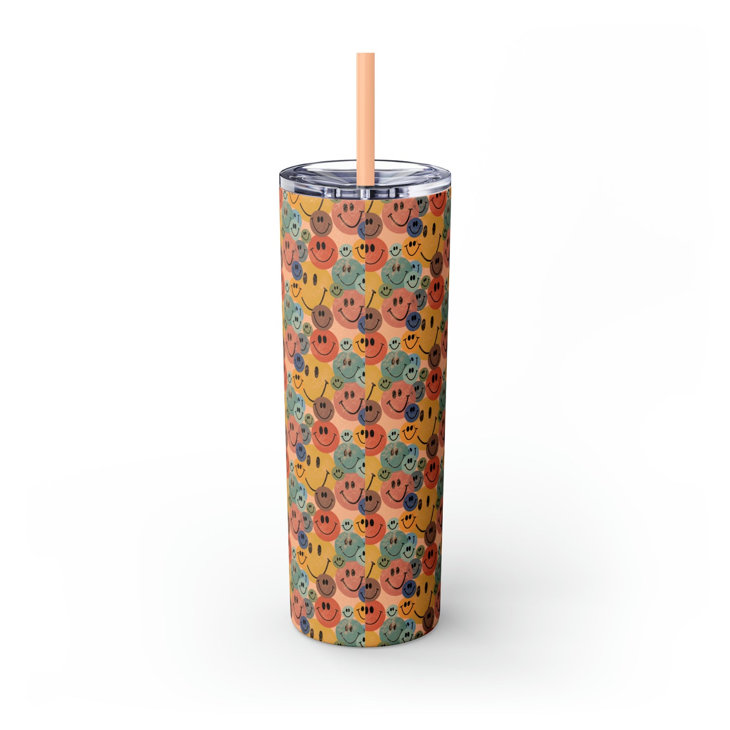 Old School Smiley Face Stickers Patterned Skinny Tumbler with Straw, 20oz