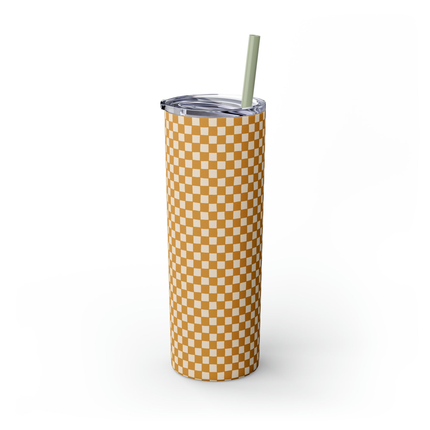 Boho Golden Checkerboard Print Skinny Tumbler with Straw, 20oz