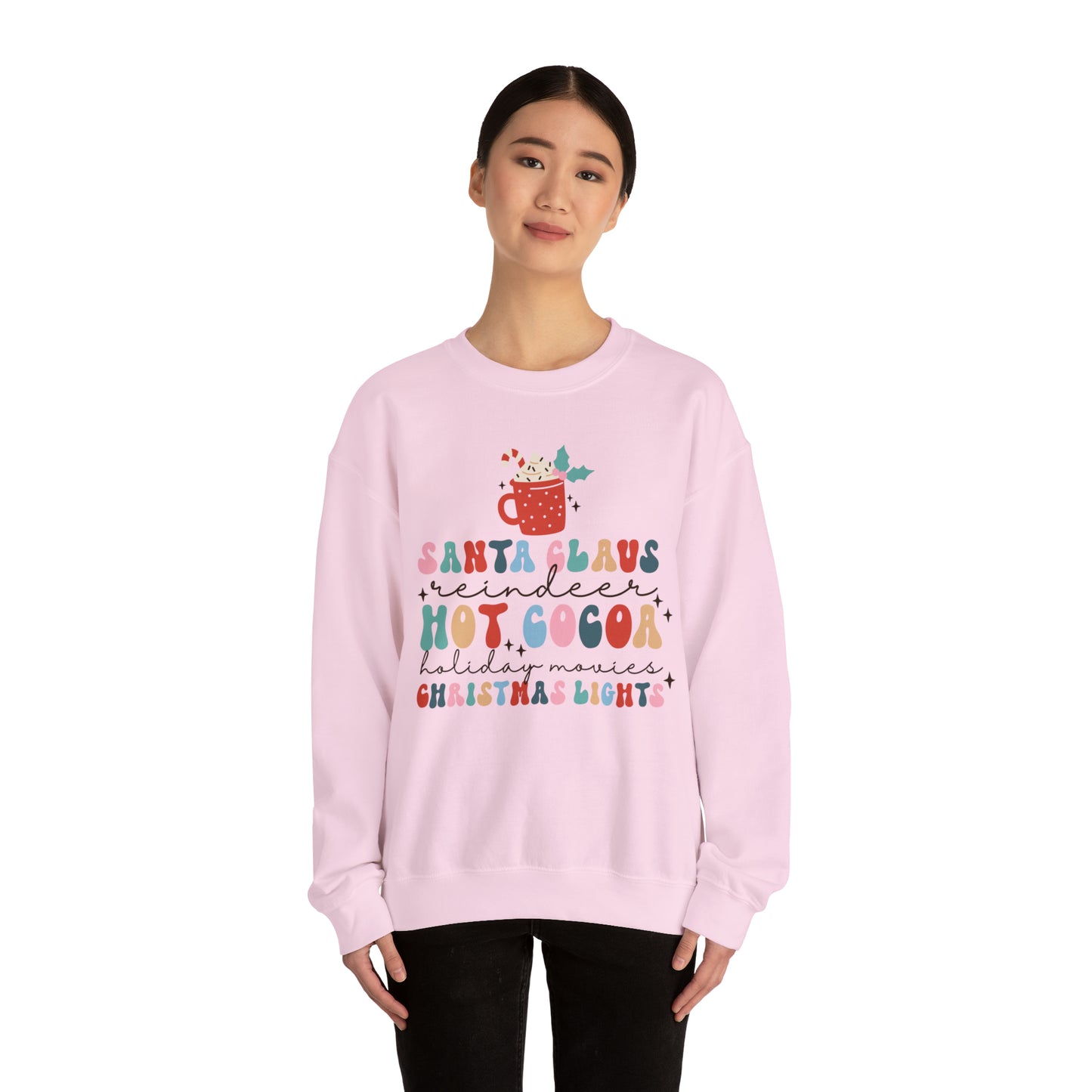 Santa Claus Reindeer Hot Cocoa Christmas Lights Heavyweight Crewneck Sweatshirt