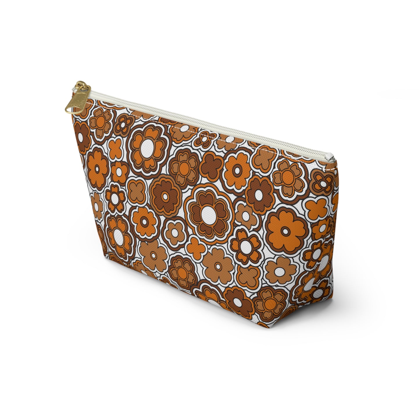 Flower Power Retro Brown Print Accessory Pouch w T-bottom