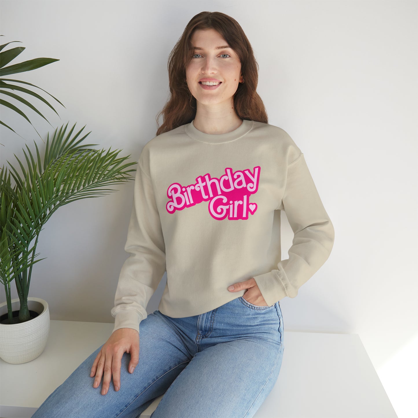 Birthday Girl with Hot Pink Barbie Font Heavy Blend™ Crewneck Sweatshirt