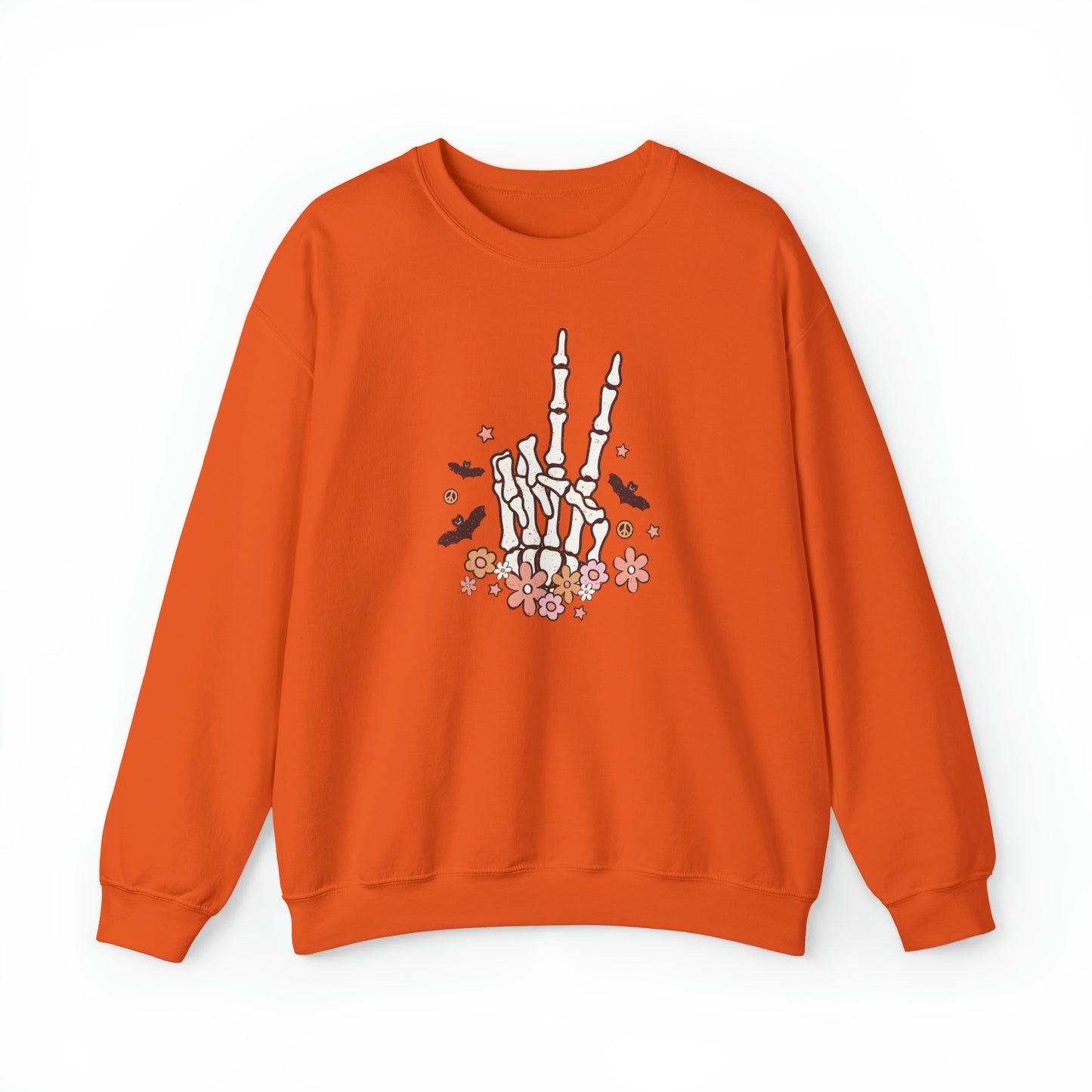 Boho Skeleton Floral Piece Sign Hand Fall Halloween Retro Warm Colored Unisex Heavy Blend™ Crewneck Sweatshirt