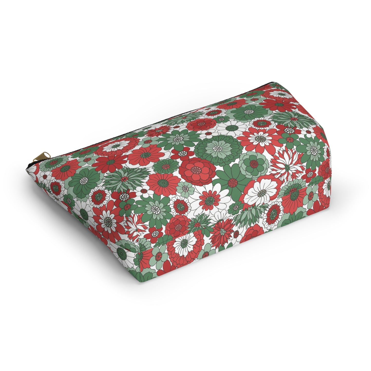 Retro Floral Christmas Red and Green Print Design Accessory Pouch w T-bottom