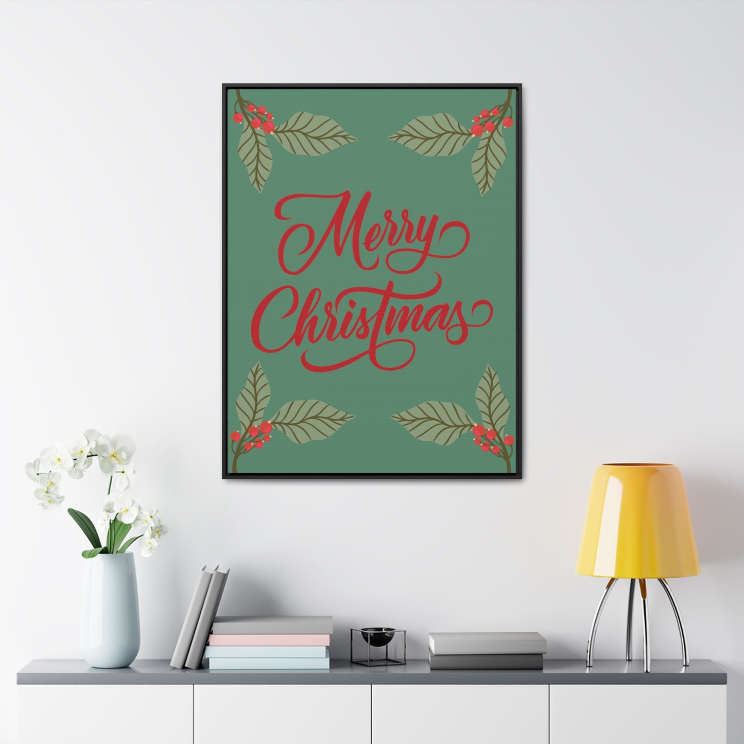 Merry Christmas Holly Berry Christmas Leaf Gallery Canvas Wraps, Vertical Frame