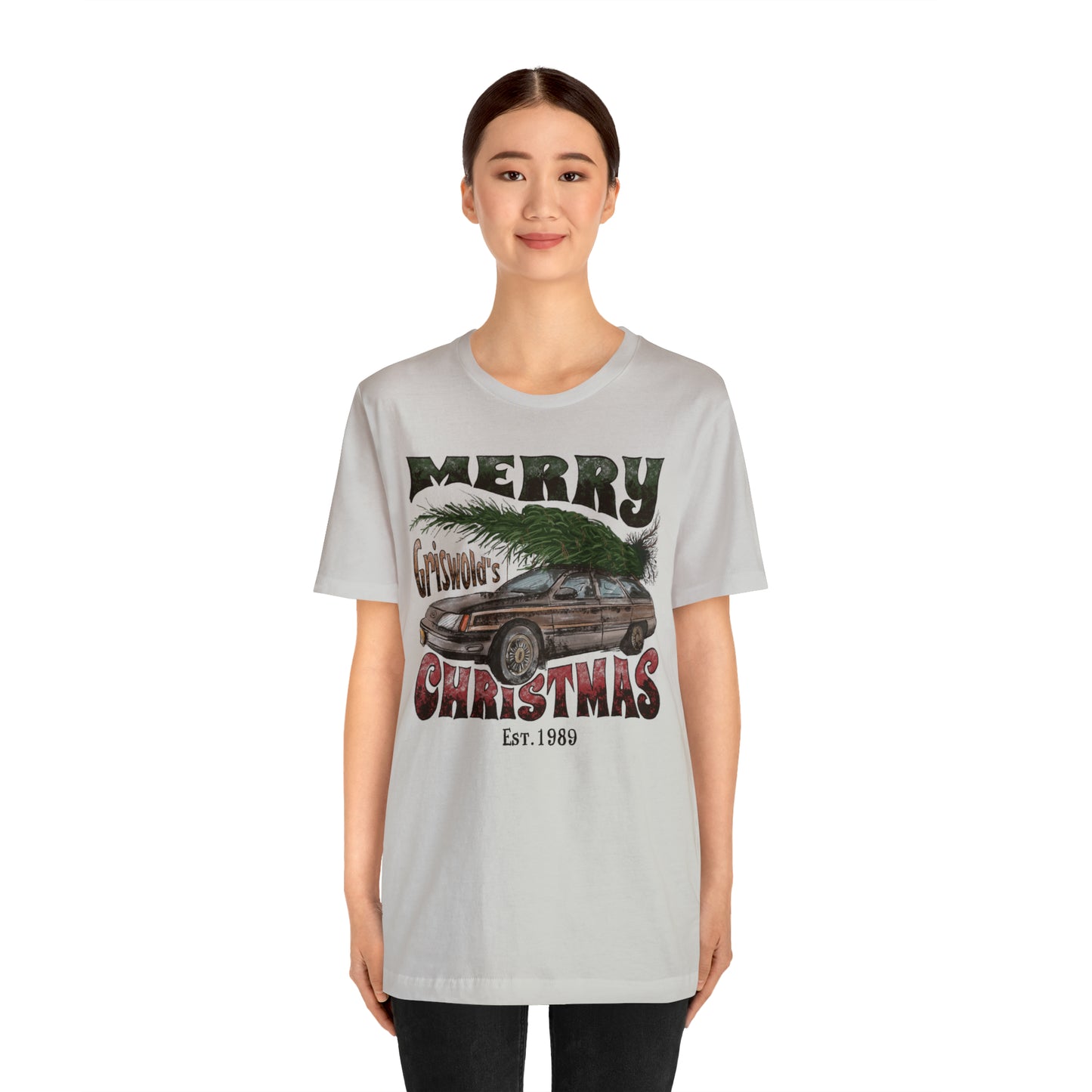 Distressed Griswold's Christmas Tree Station Wagon Holiday Bella Jersey Short Sleeve Tee (Unisex)