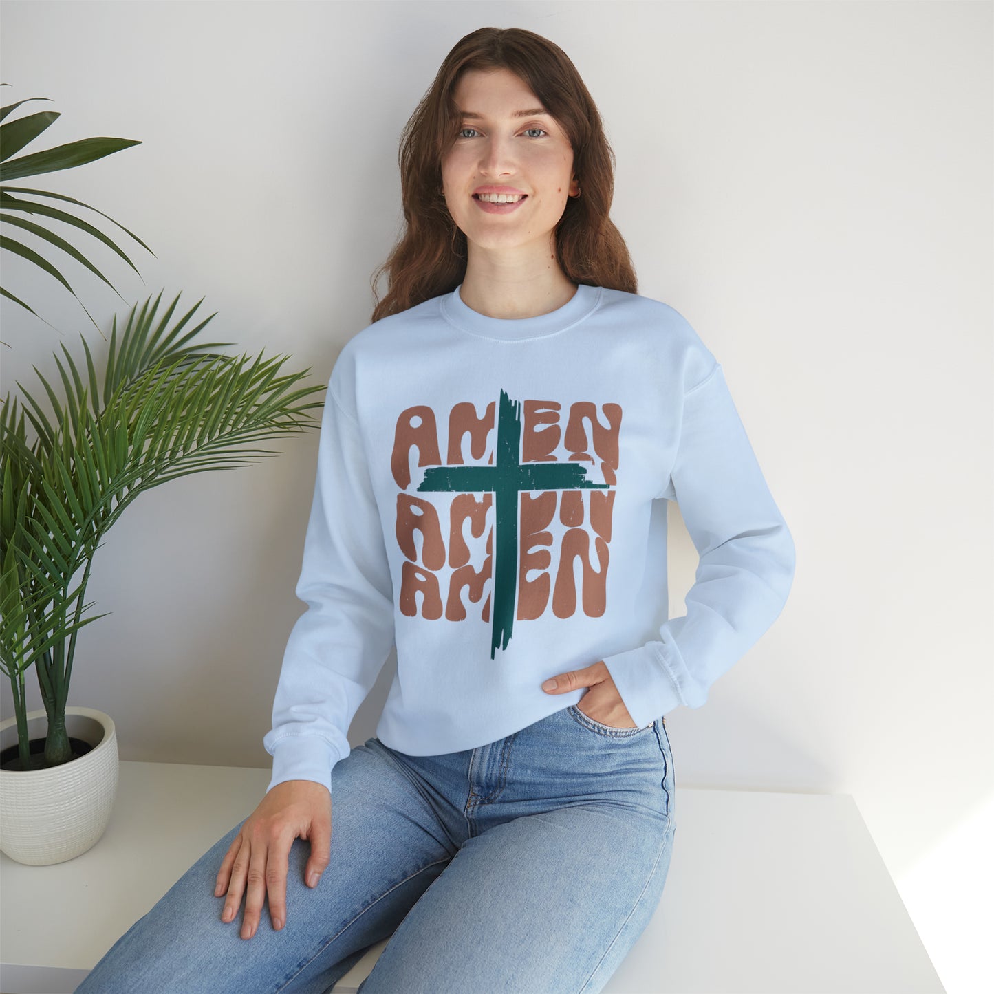 Vintage Amen Amen Amen with Cross Design Boho Color Print Heavy Blend™ Crewneck Sweatshirt