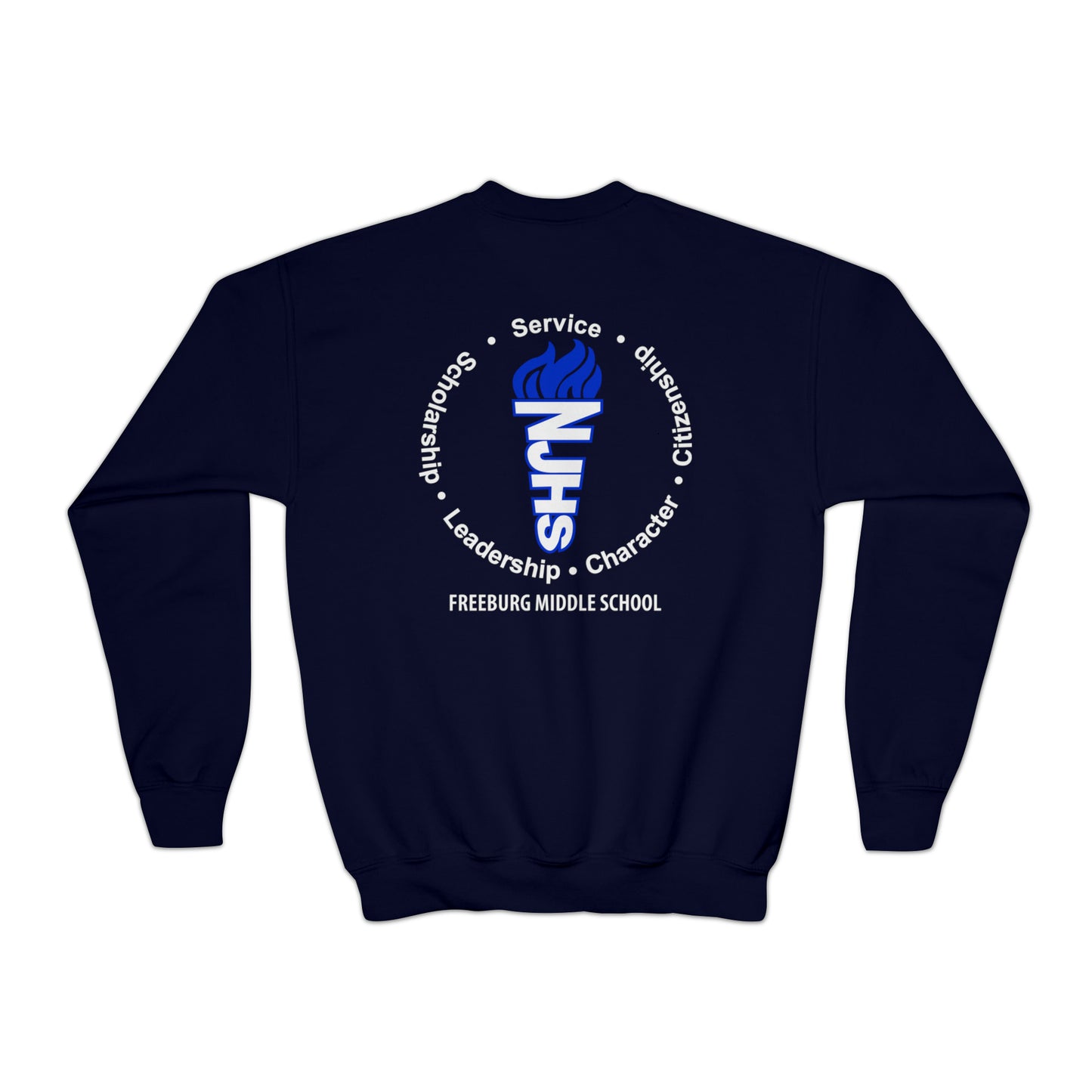 YOUTH - Front and Back Design - National Junior Honor Society Royal Torch (front) and Circular Character Torch (back) Youth Crewneck Sweatshirt