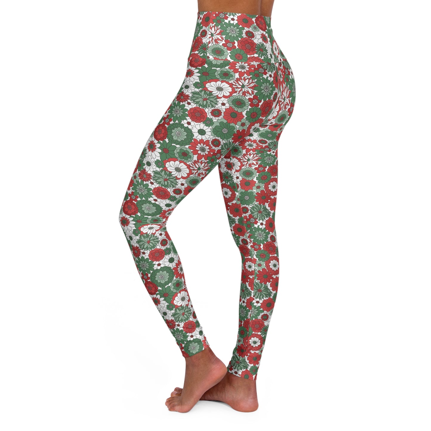 Christmas Green Red and White Floral High Waisted Yoga Leggings