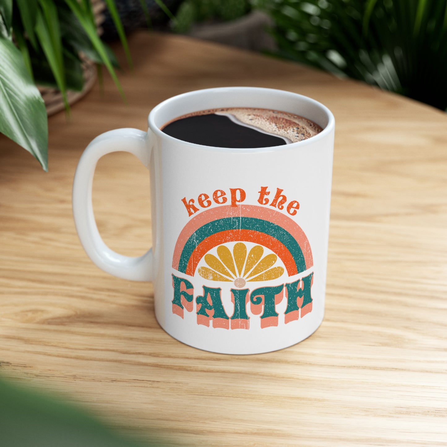 Keep the Faith Boho Retro Rainbow Sun Christian Ceramic Mug 11oz