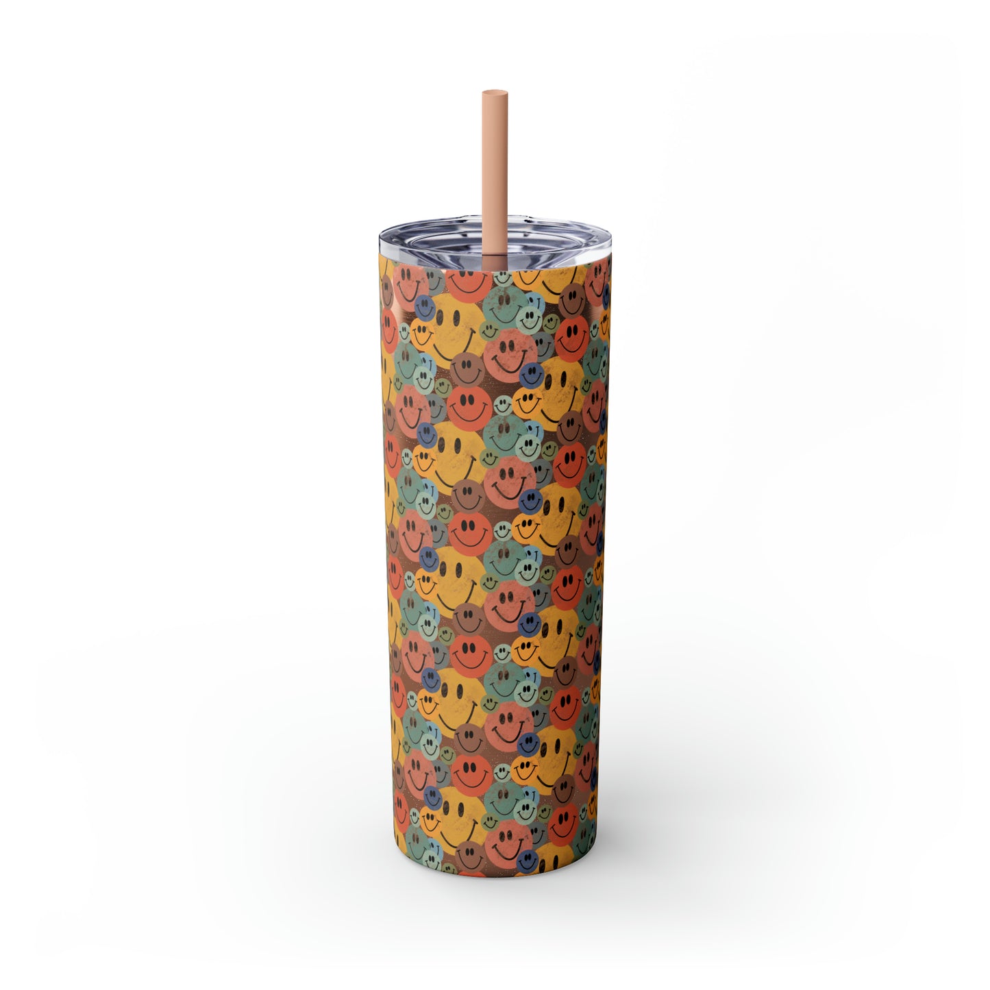 Old School Smiley Face Stickers Patterned Skinny Tumbler with Straw, 20oz
