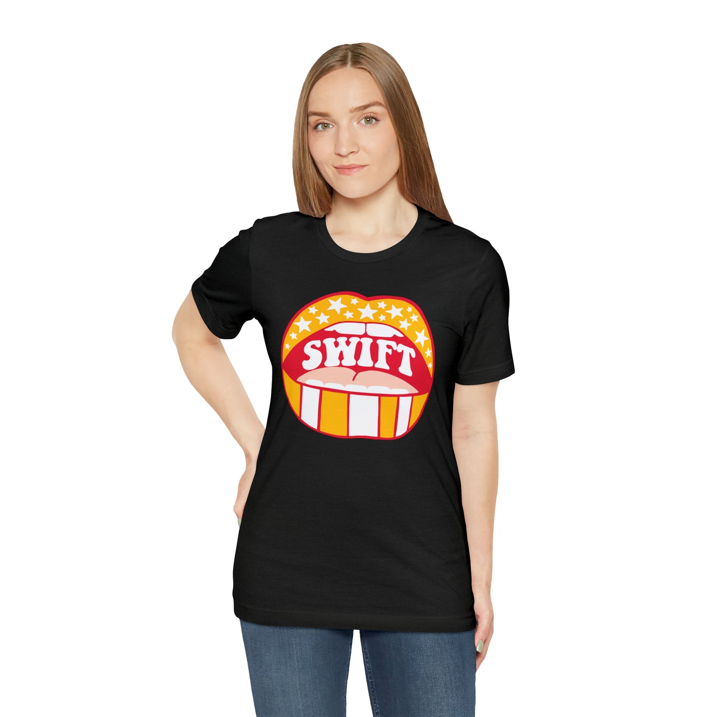 Swift Red, Yellow and White Lips Bella Jersey Short Sleeve Tee (Unisex)