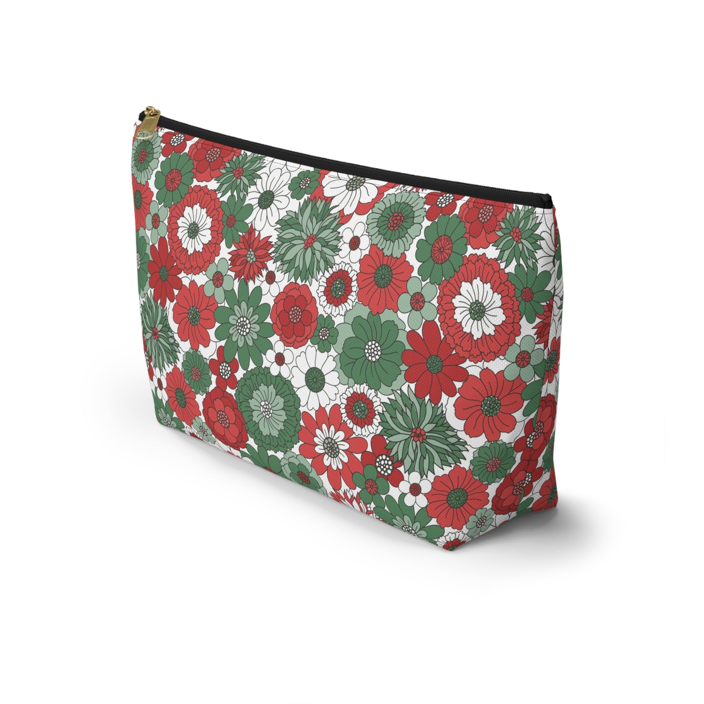 Retro Floral Christmas Red and Green Print Design Accessory Pouch w T-bottom
